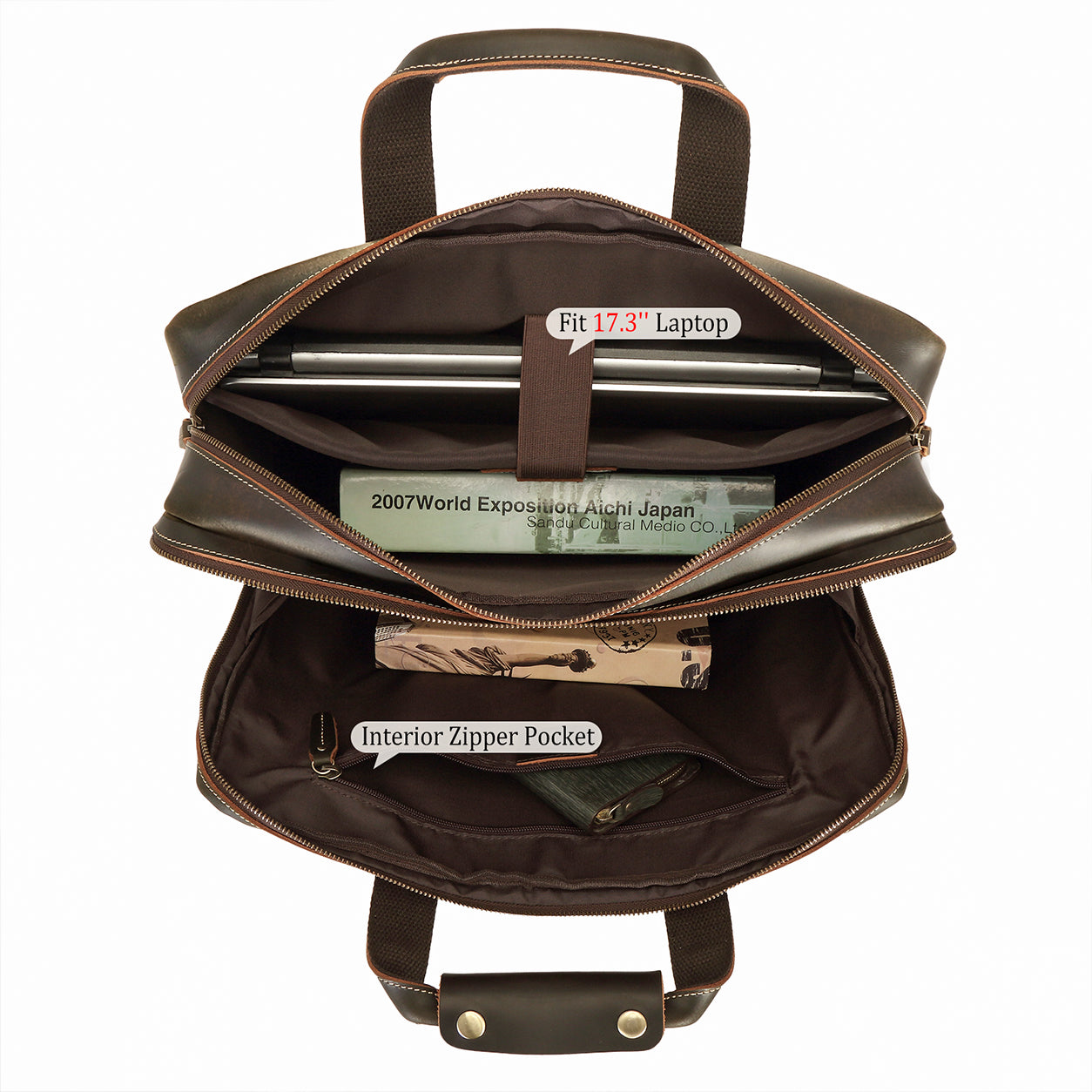 business briefcase interior laptop compartment zippered wallet pocket organizer layout