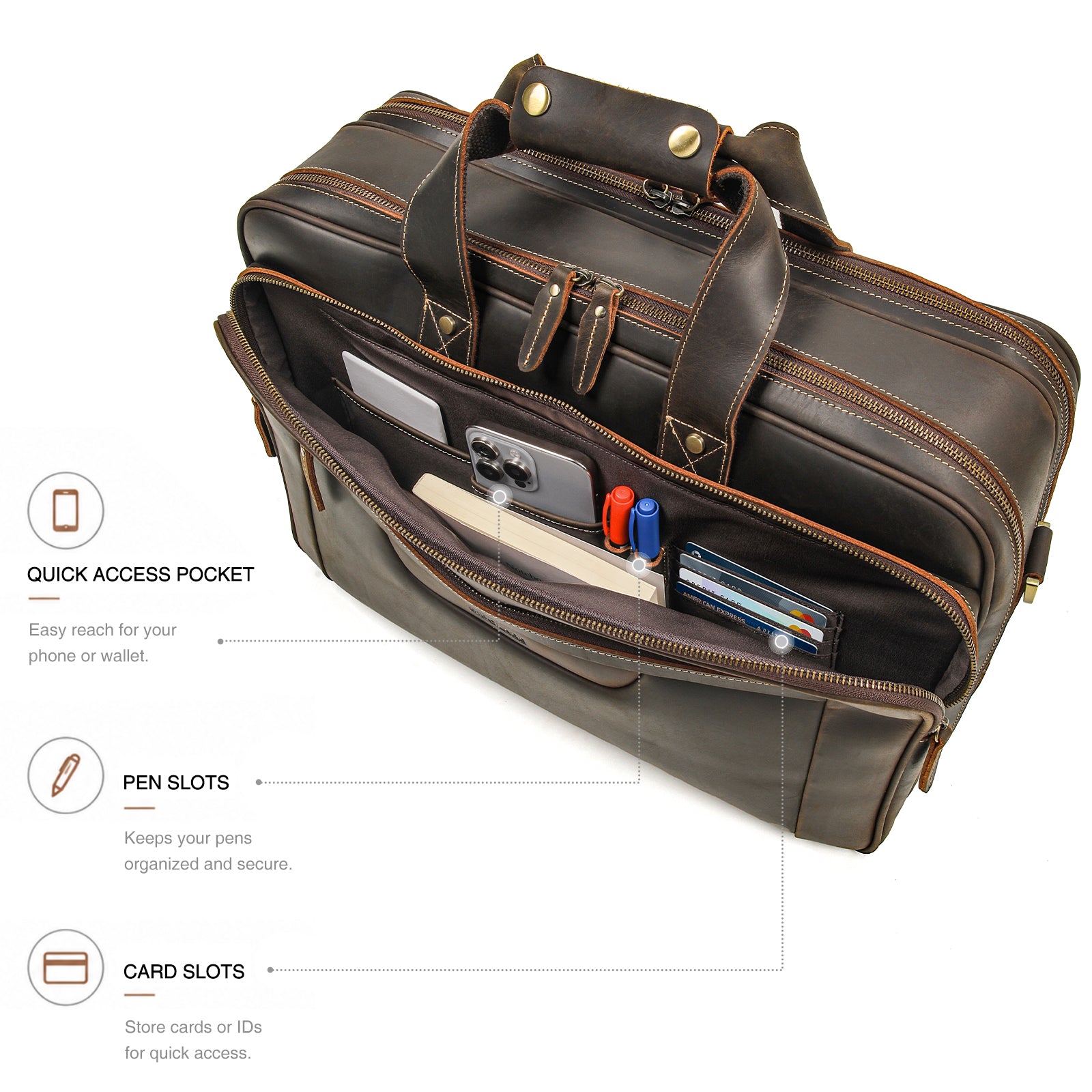 Full Grain Leather Briefcase for Men Laptop Bag with YKK Zippers and Brass Hardware