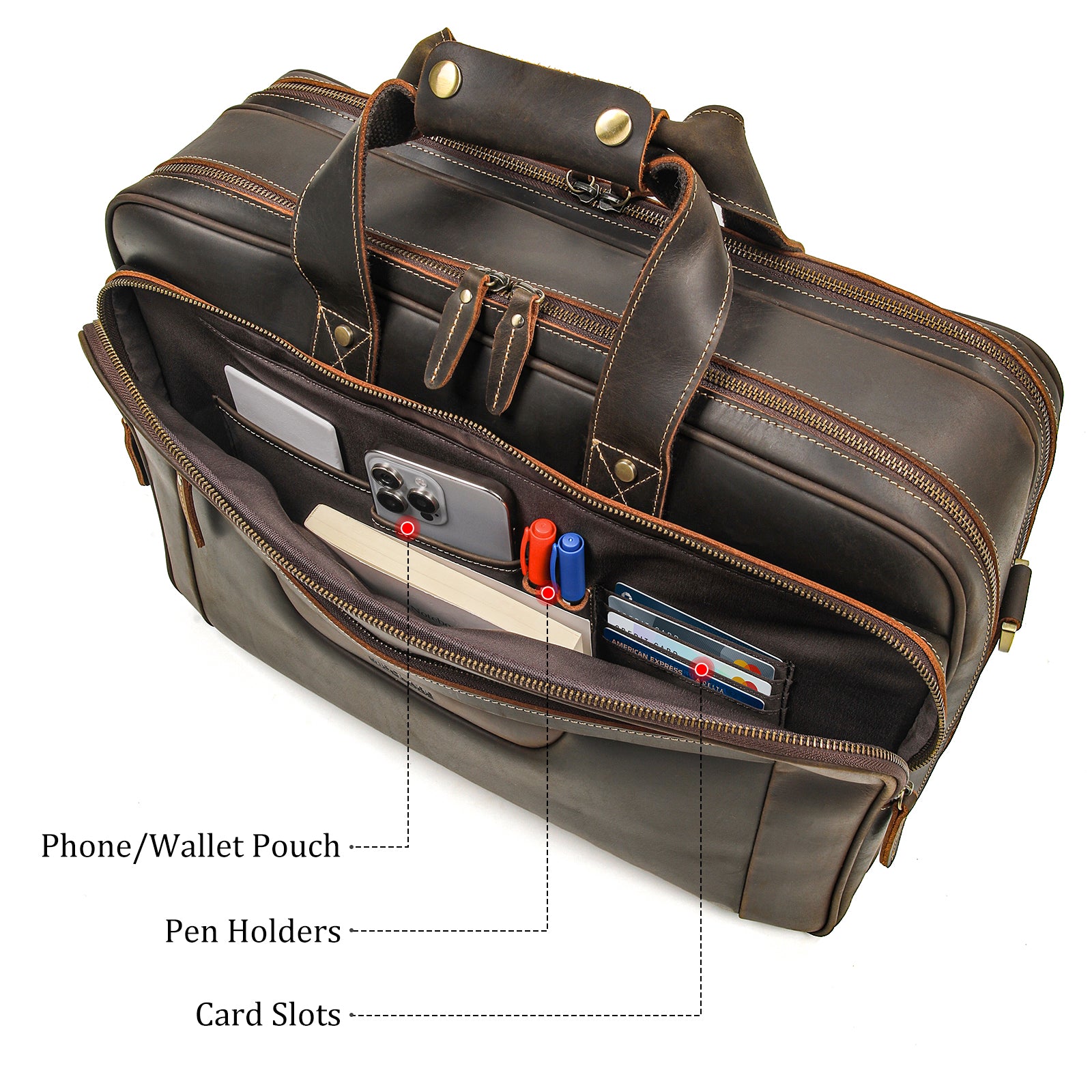 Polare 18" Full Grain Leather Briefcase For Men Business Travel Laptop Carrying Case Fits 17.3” Laptop