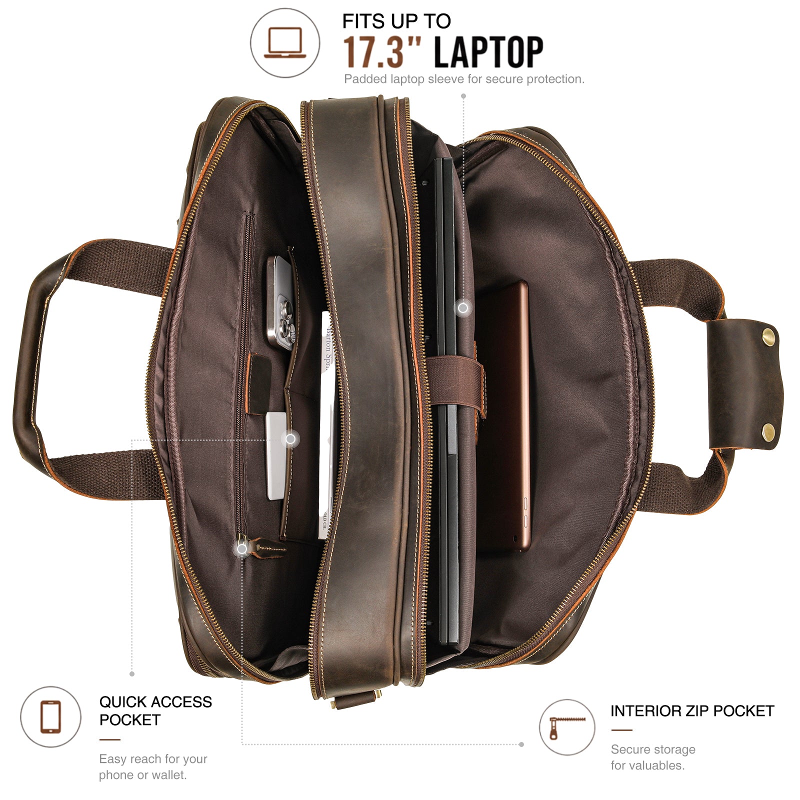 Full Grain Leather Briefcase for Men Laptop Bag with Multiple Organization Pockets