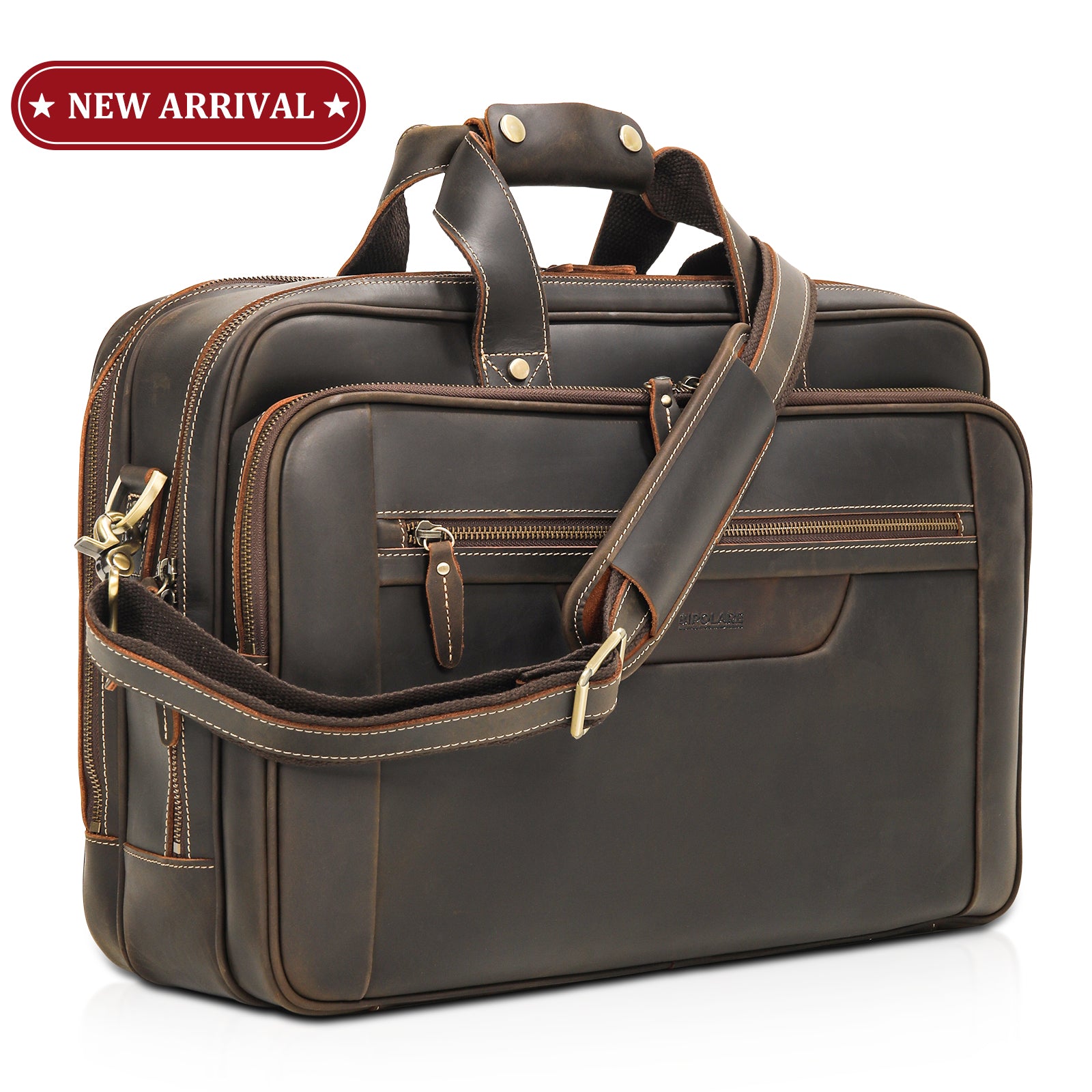 Polare 18" Full Grain Leather Briefcase For Men Business Travel Laptop Carrying Case Fits 17.3” Laptop