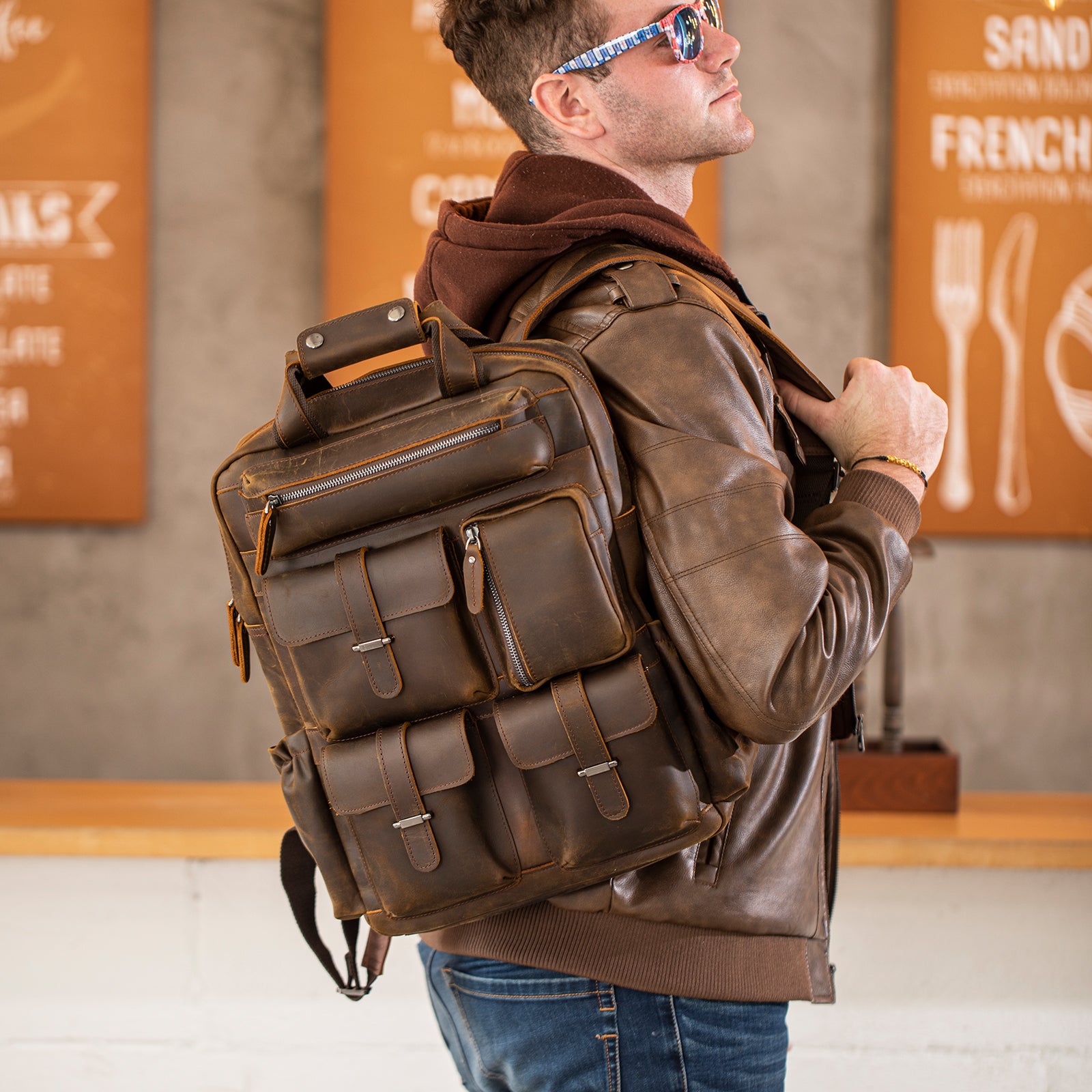 Polare Cowhide Leather Multiple Laptop Backpack (Dark Brown,Model Display)