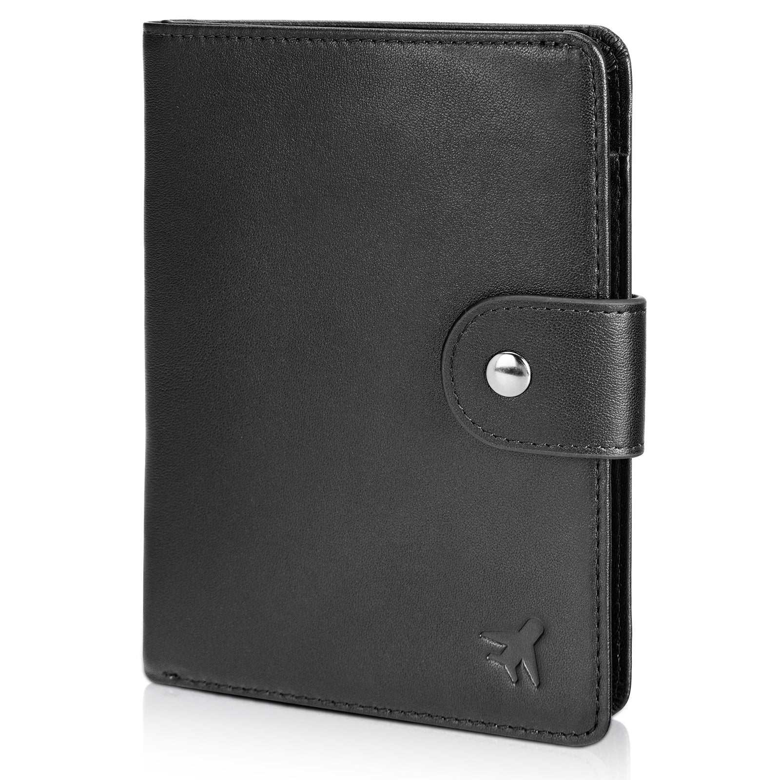 Polare Full Grain Leather Snap Bifold Travel Passport Holder (Black)