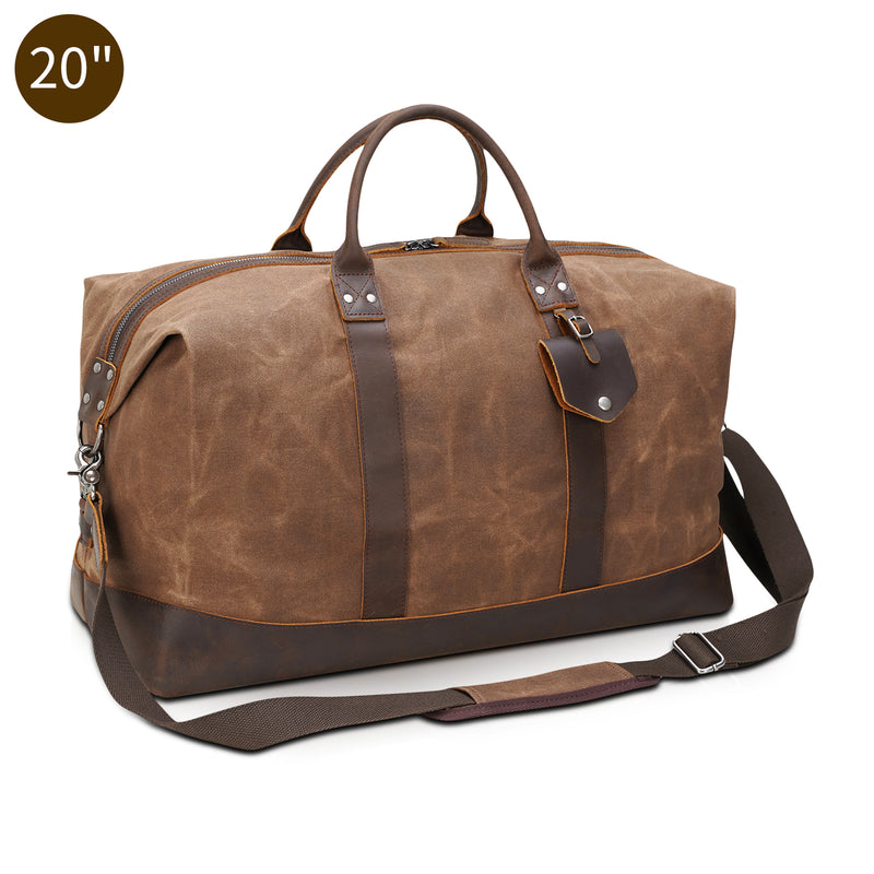 Polare 23"/20" Waterproof Travel Duffel Bag Waxed Canvas Cowhide Leather Trim Luggage Weekender Overnight Carry on Bag for Gym 55L/40L