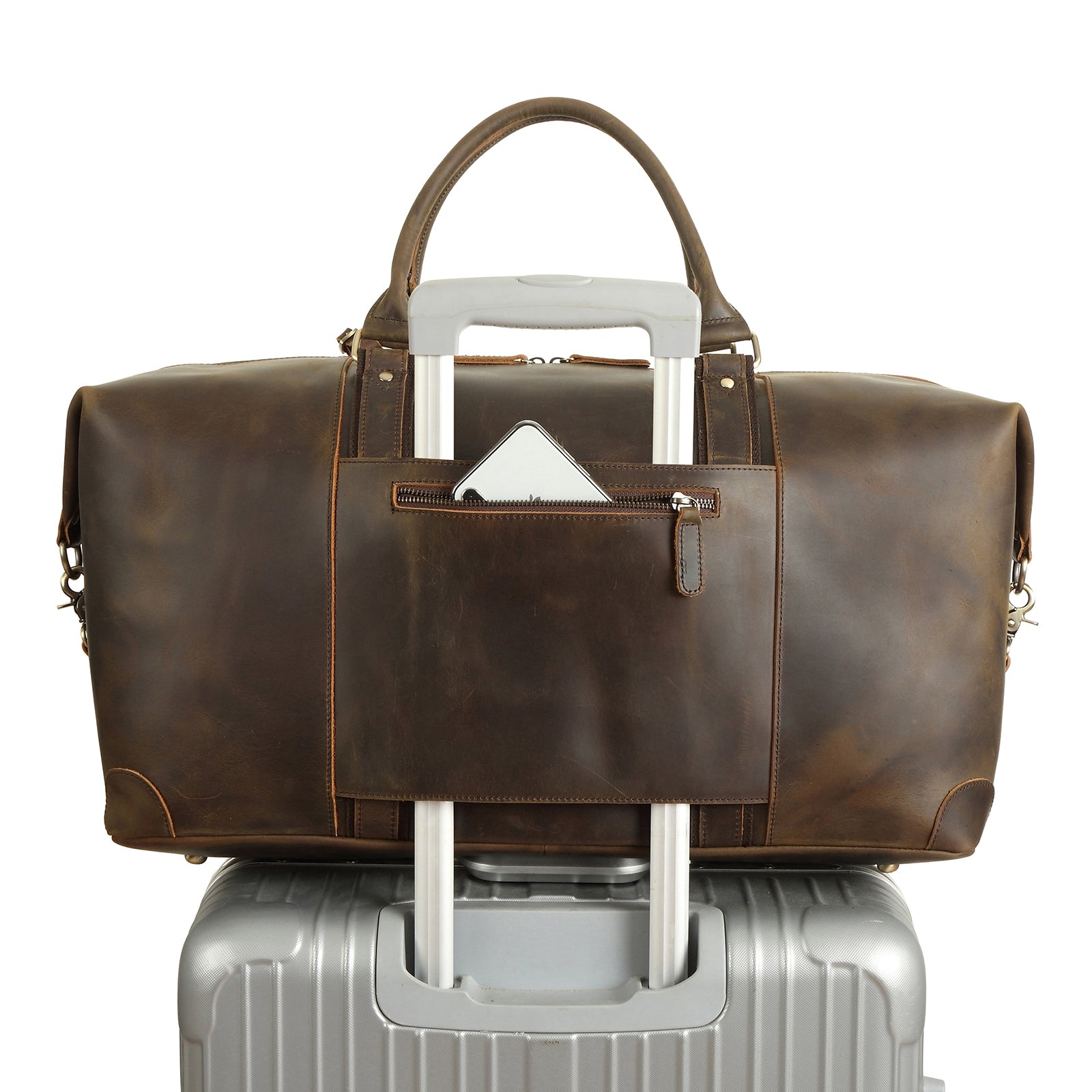 22" Full Grain Leather Travel Bag 42L Weekender Overnight Carry on Bag (Back)