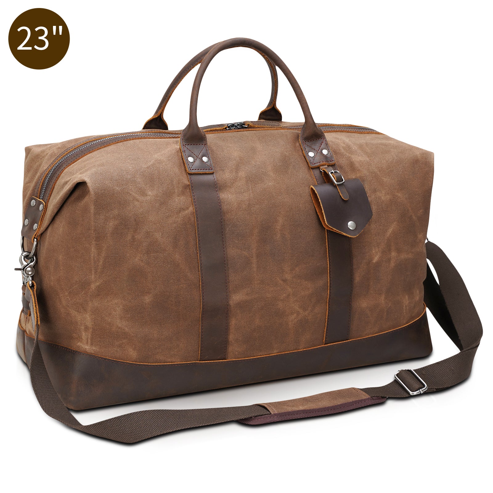 Polare 23” Cowhide Leather Waterproof Waxed Canvas Travel Duffel Bag (23"Brown)