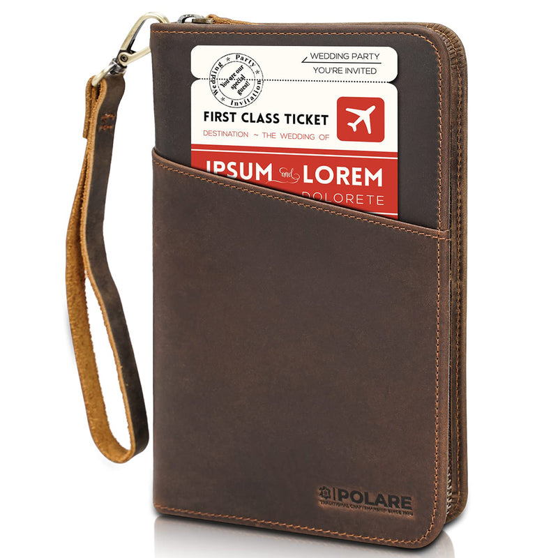 Polare Full Grain Leather RFID Blocking Family Travel Wallet Holds 6 Passports (Dark Brown)