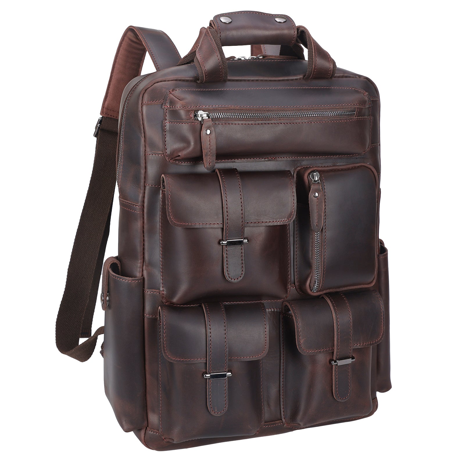 Polare Real Leather Vintage Laptop Backpack Shoulder Bag (Dark Brown) 