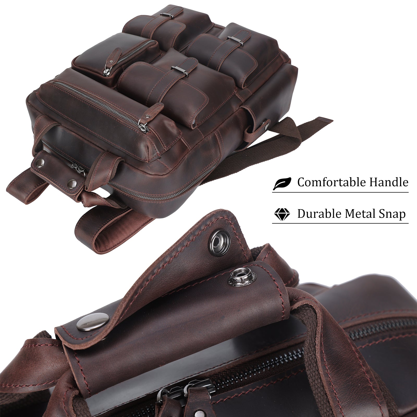 Polare Real Leather Vintage Laptop Backpack Shoulder Bag (Dark Brown, Top) 