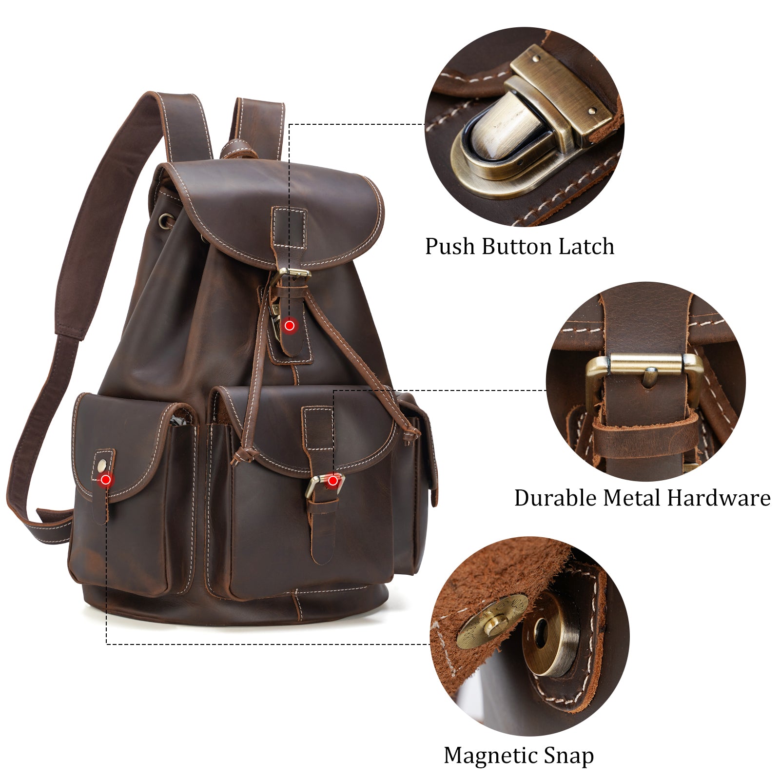 Polare Vintage Full Grain Leather Rucksack Backpack Casual Travel Satchel Bag Daypack for Men Women