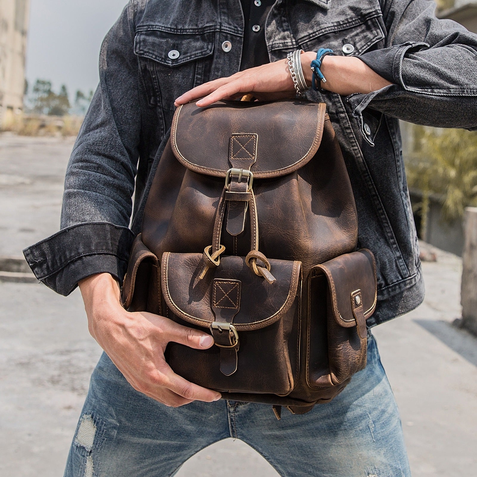 Polare Vintage Full Grain Leather Rucksack Backpack Casual Travel Satc
