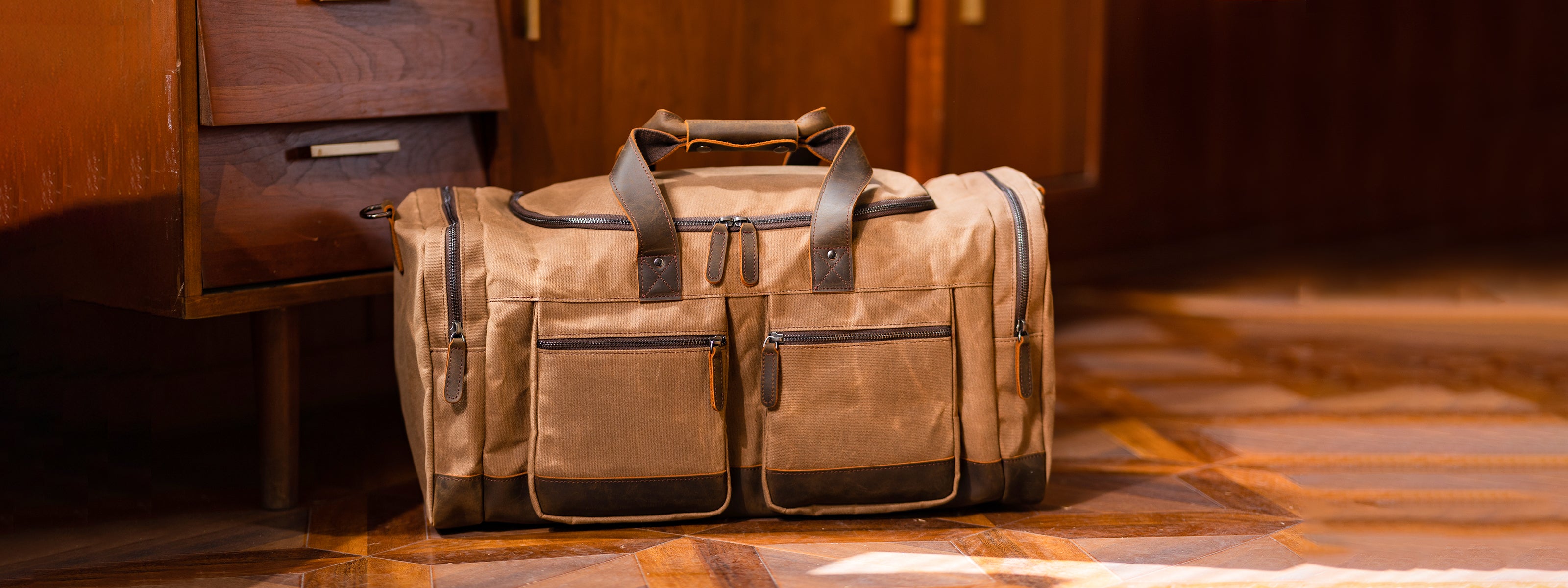 Mens Accessories With Dark Brown Leather Bags On Wooden Table Over