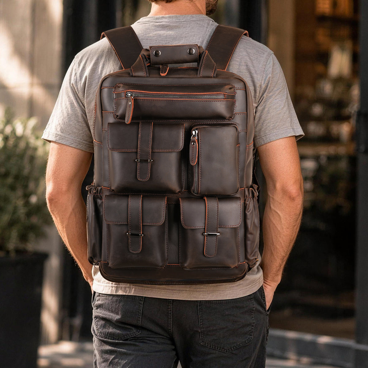 Full Grain Leather Travel Backpack for Men everyday work and travel use
