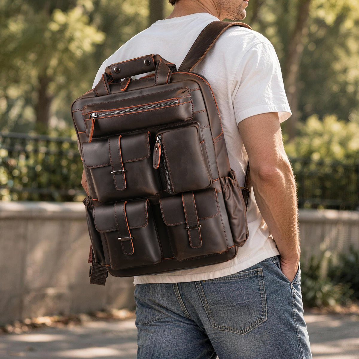 Full Grain Leather Travel Backpack for Men business commute shoulder carry