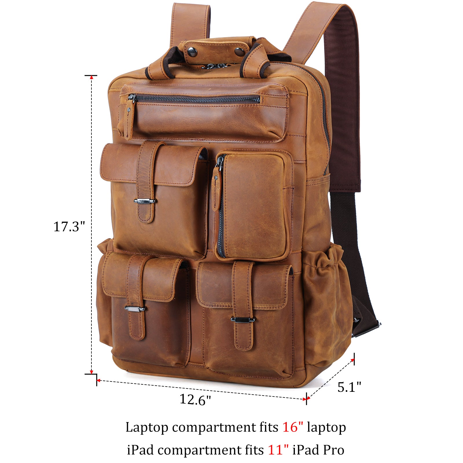 Polare Cowhide Leather Multiple Laptop Backpack (Light Brown, Dimension)