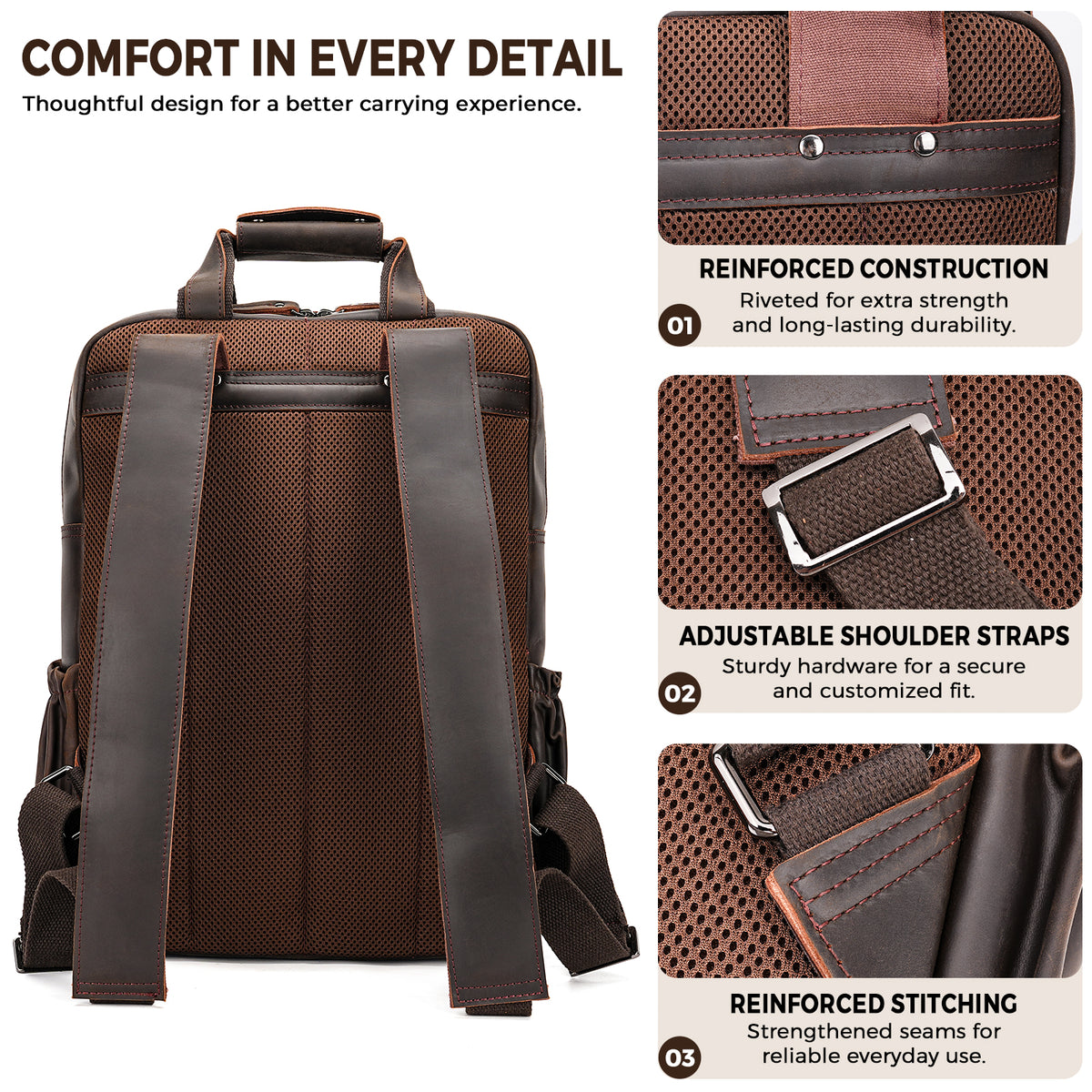 Full Grain Leather Travel Backpack for Men padded straps comfort design