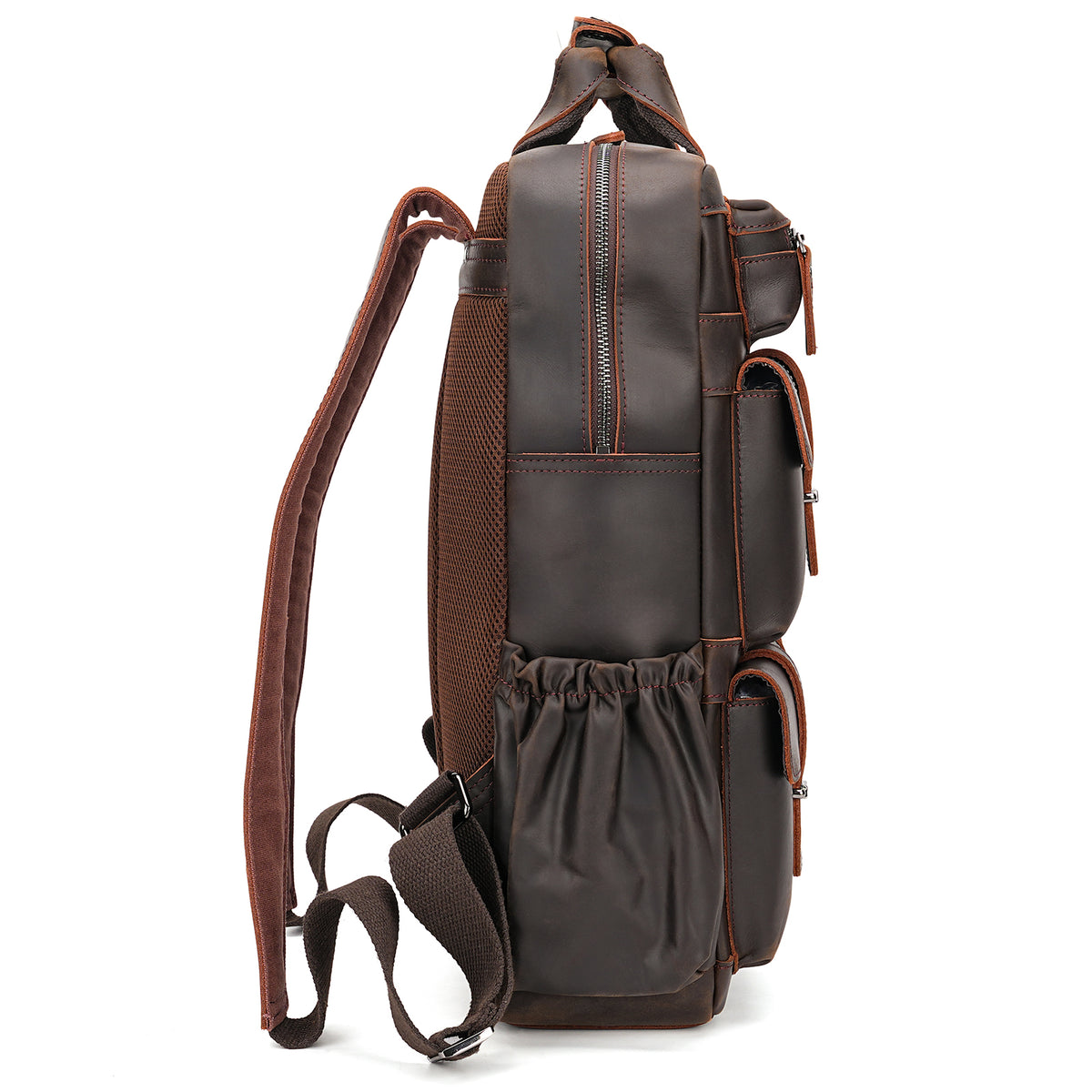 Full Grain Leather Travel Backpack for Men side profile with bottle pocket