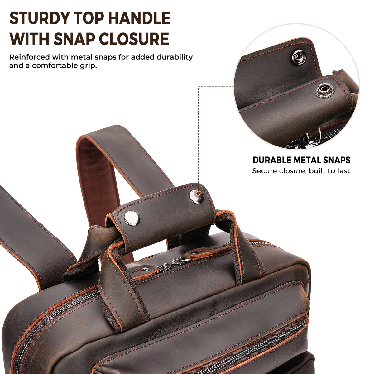 Full Grain Leather Travel Backpack for Men sturdy top handle metal snaps