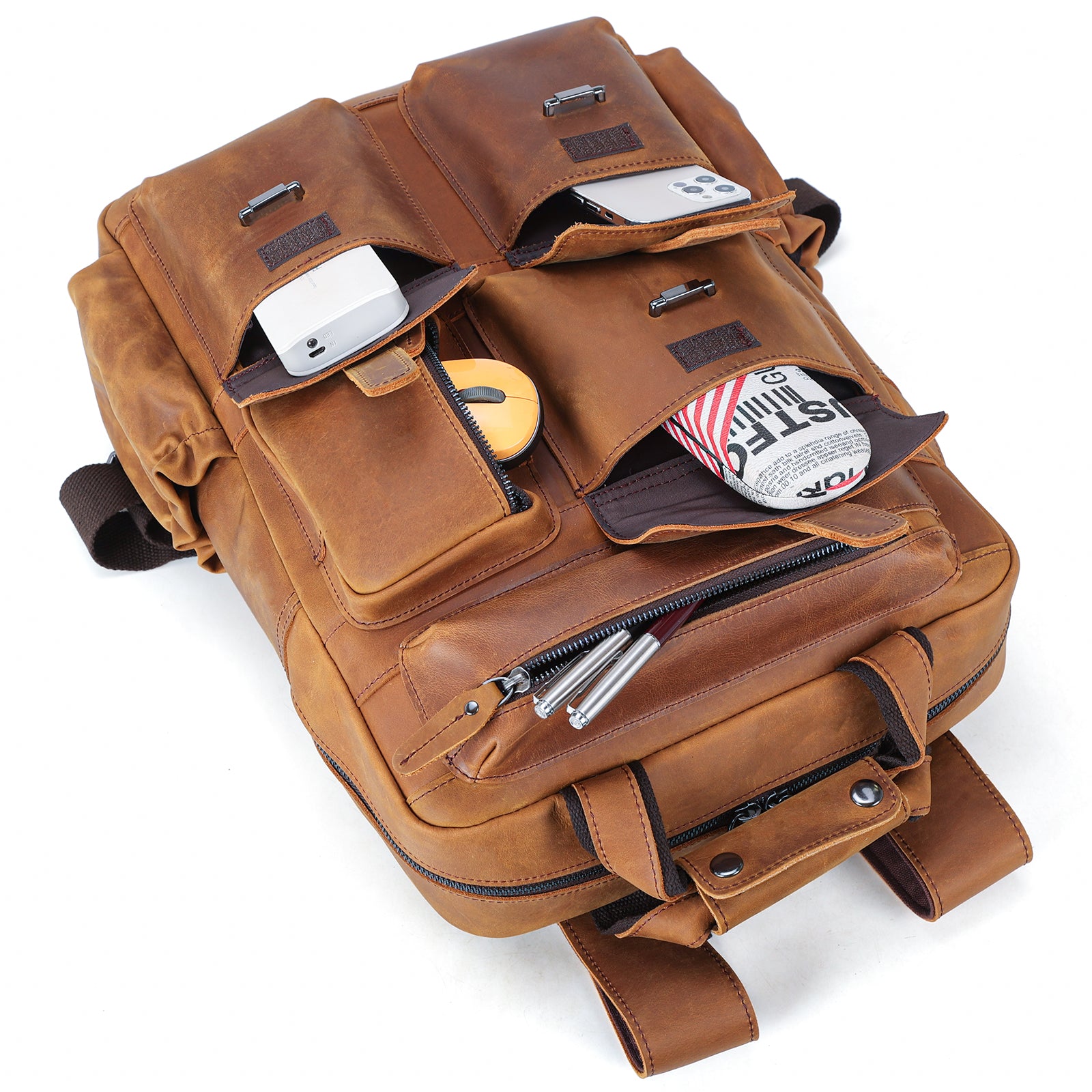 Polare Cowhide Leather Multiple Laptop Backpack (Light Brown, Pockets)