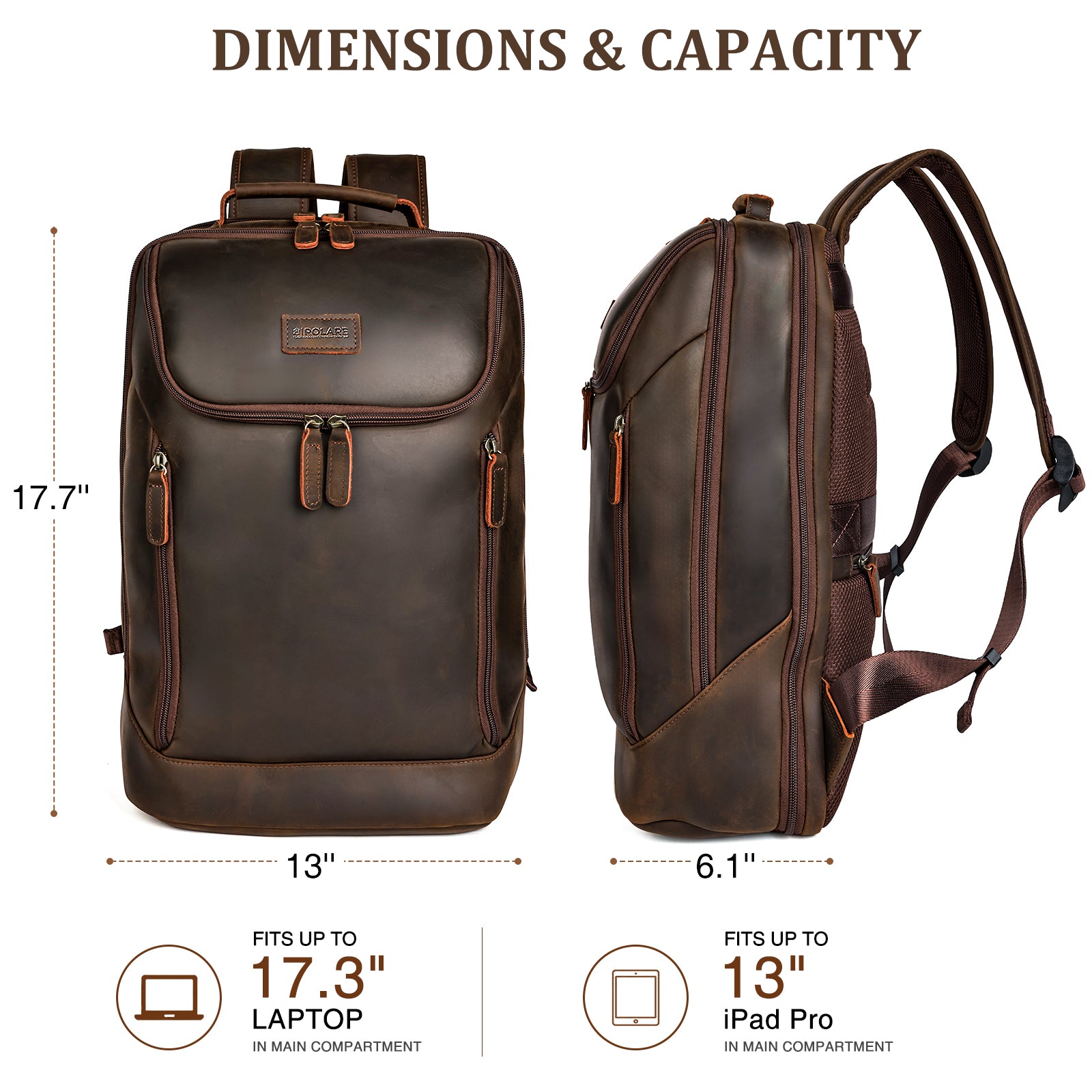 Full Grain Leather Backpack for Men fits 17.3 inch laptop spacious capacity