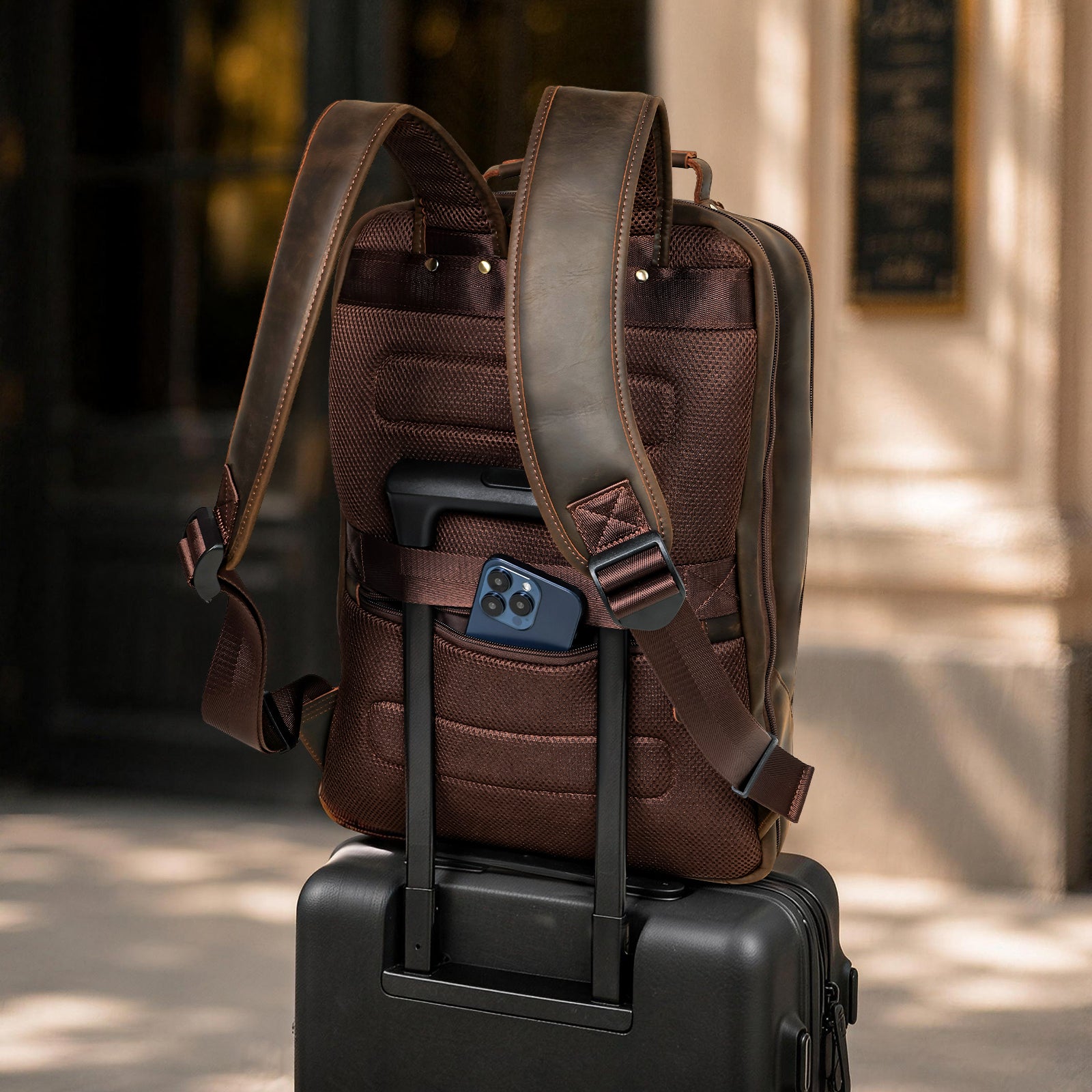 Full Grain Leather Backpack for Men trolley sleeve business travel backpack