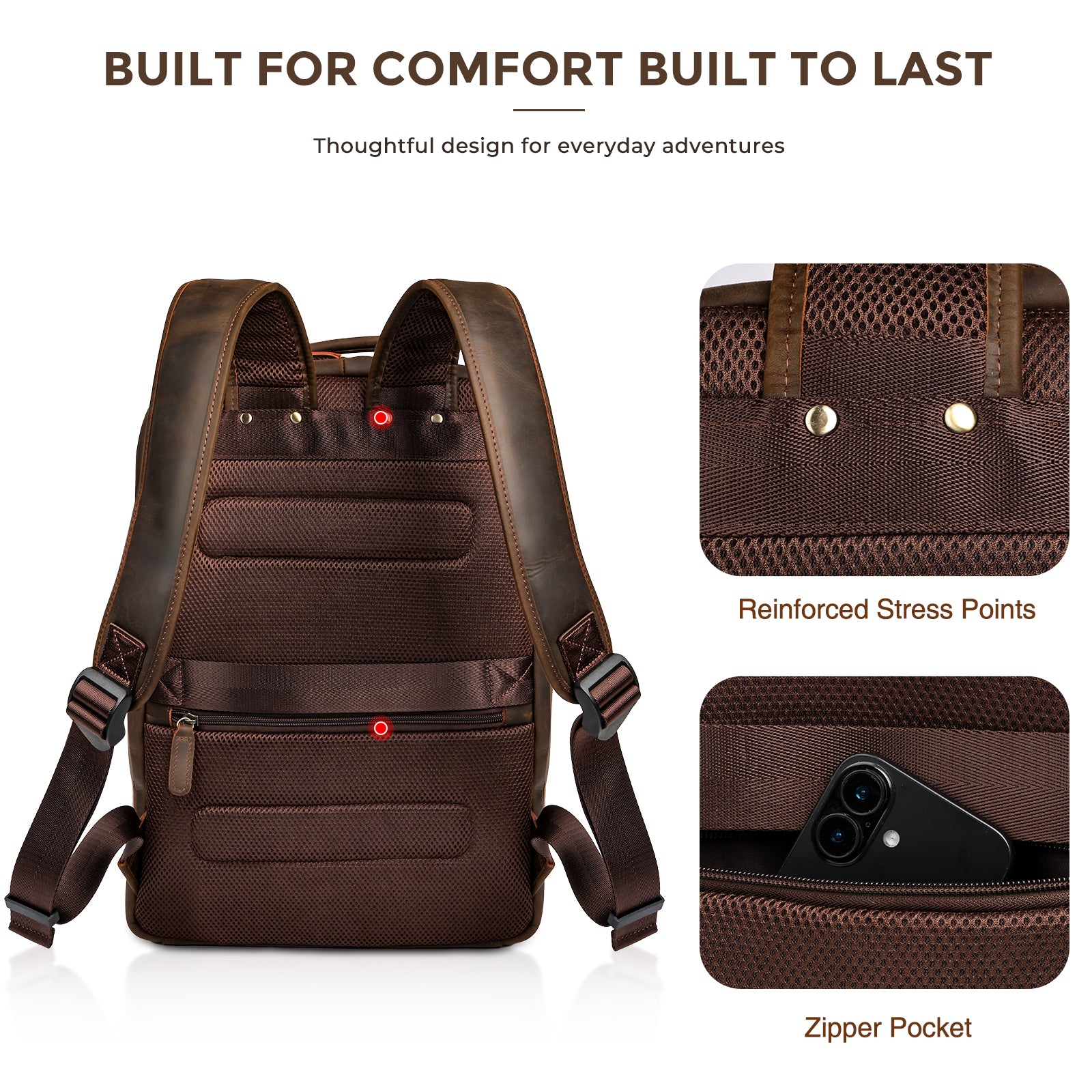 Full Grain Leather Backpack for Men padded shoulder straps breathable back support