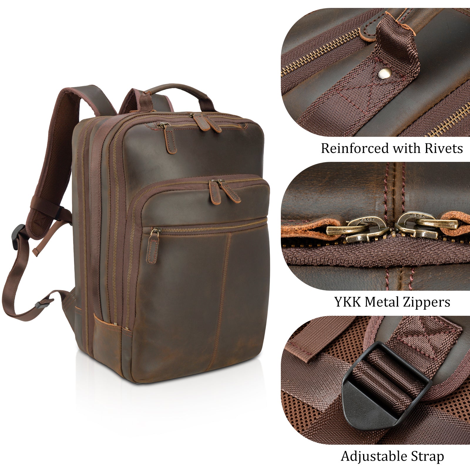 Full Grain Leather Large Backpack Business Laptop Bag 26L (Details)