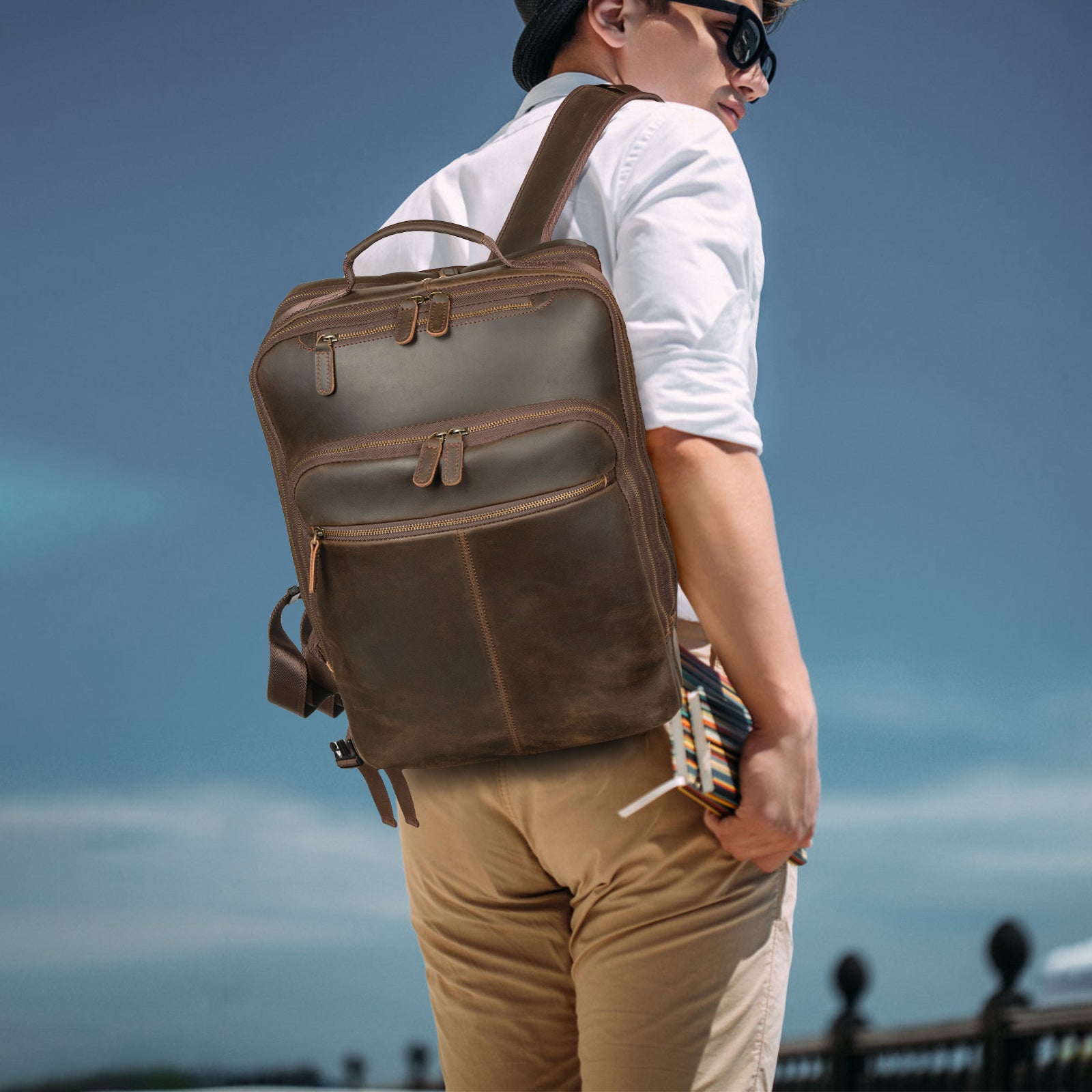 Full Grain Leather Large Backpack Business Laptop Bag 26L (Model Display)