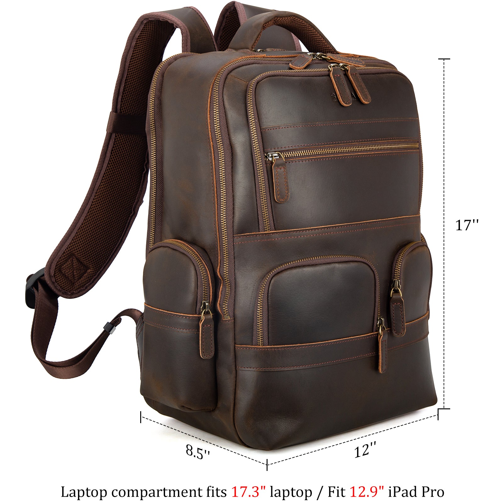 Full Grain Leather 17.3 Inch Laptop Backpack Large Travel Rucksack 29L (Dimension)