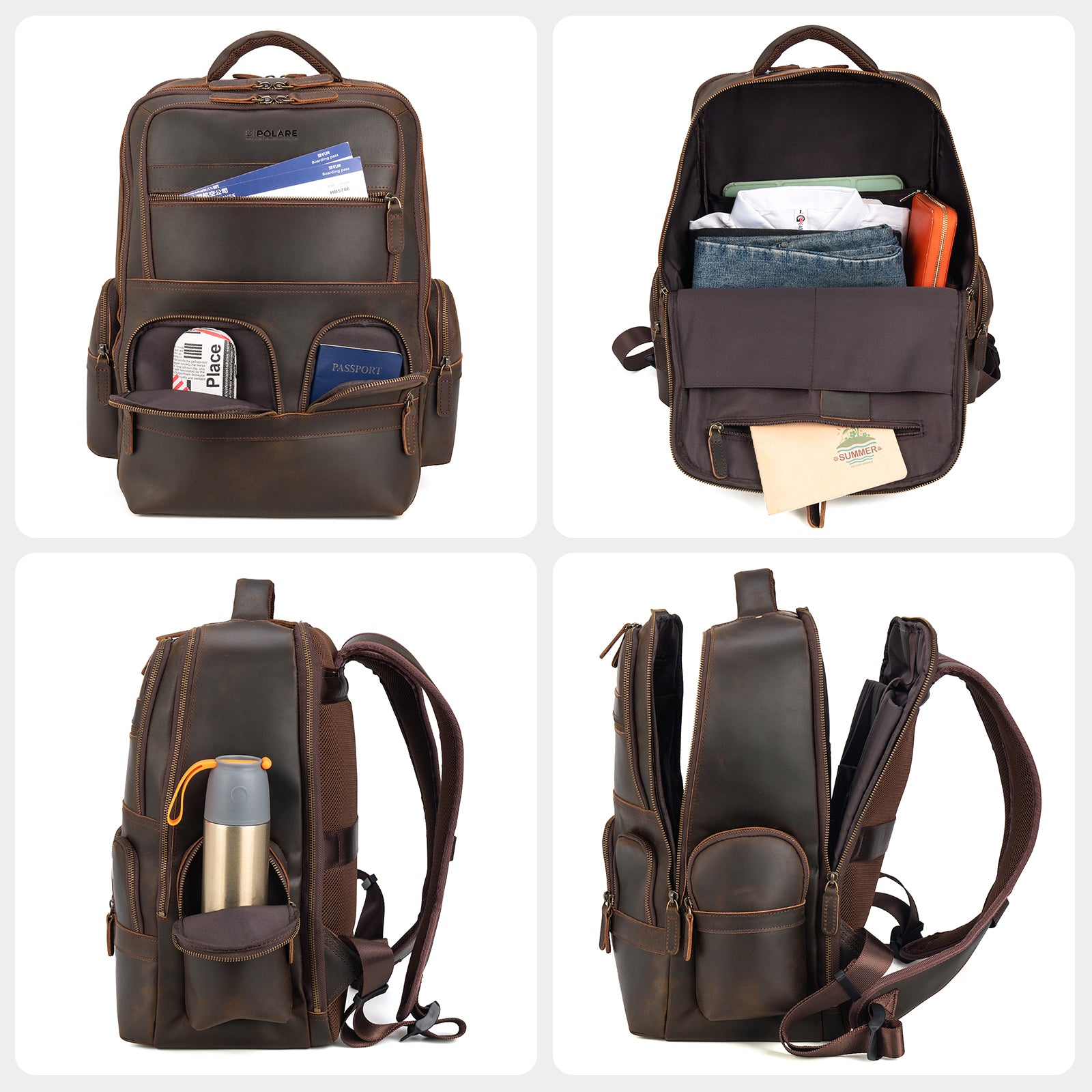 Full Grain Leather 17.3 Inch Laptop Backpack Large Travel Rucksack 29L (Multi-Dimension Display)