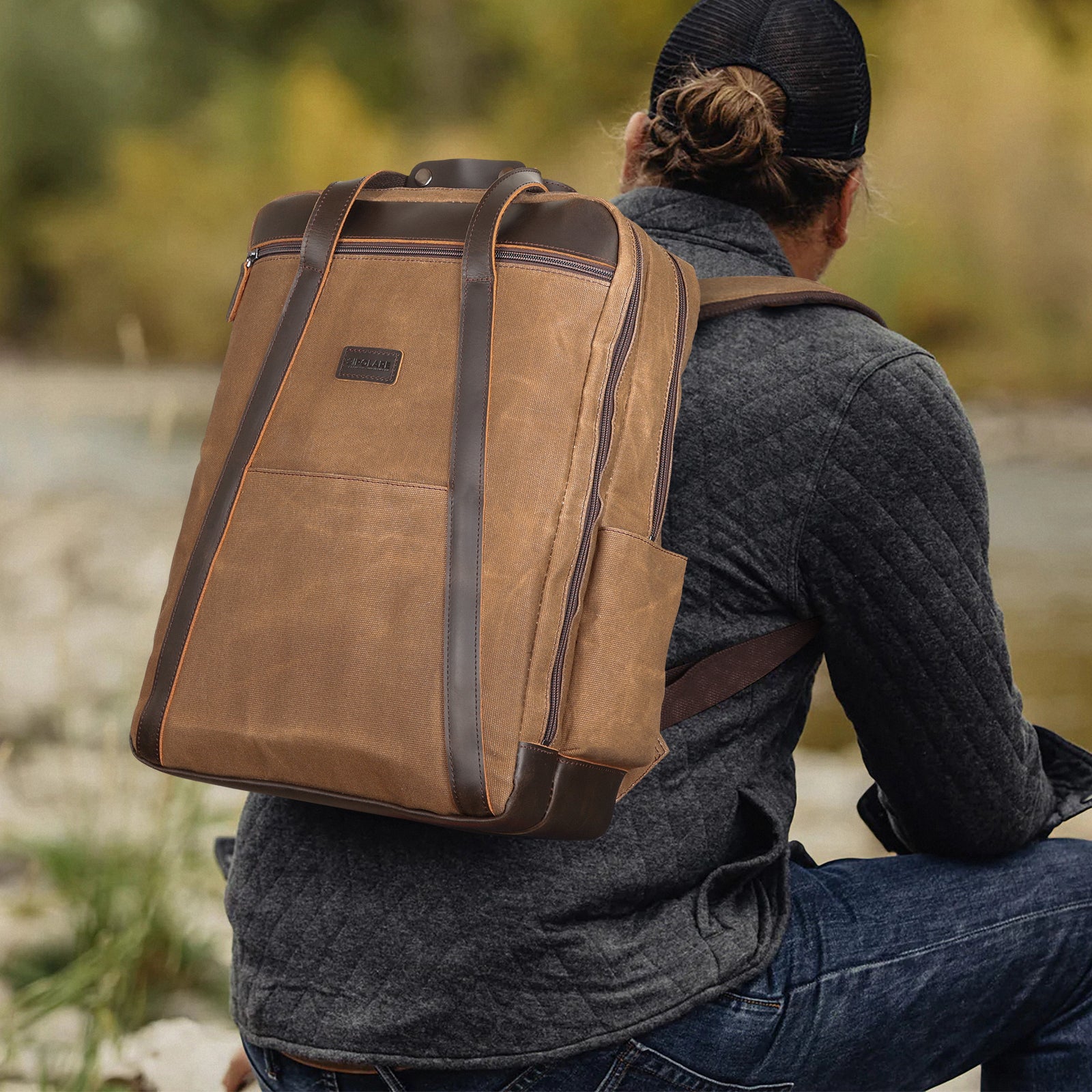 Full Grain Leather Trim Waxed Canvas Travel Backpack Waterproof Daypack (Model Display)