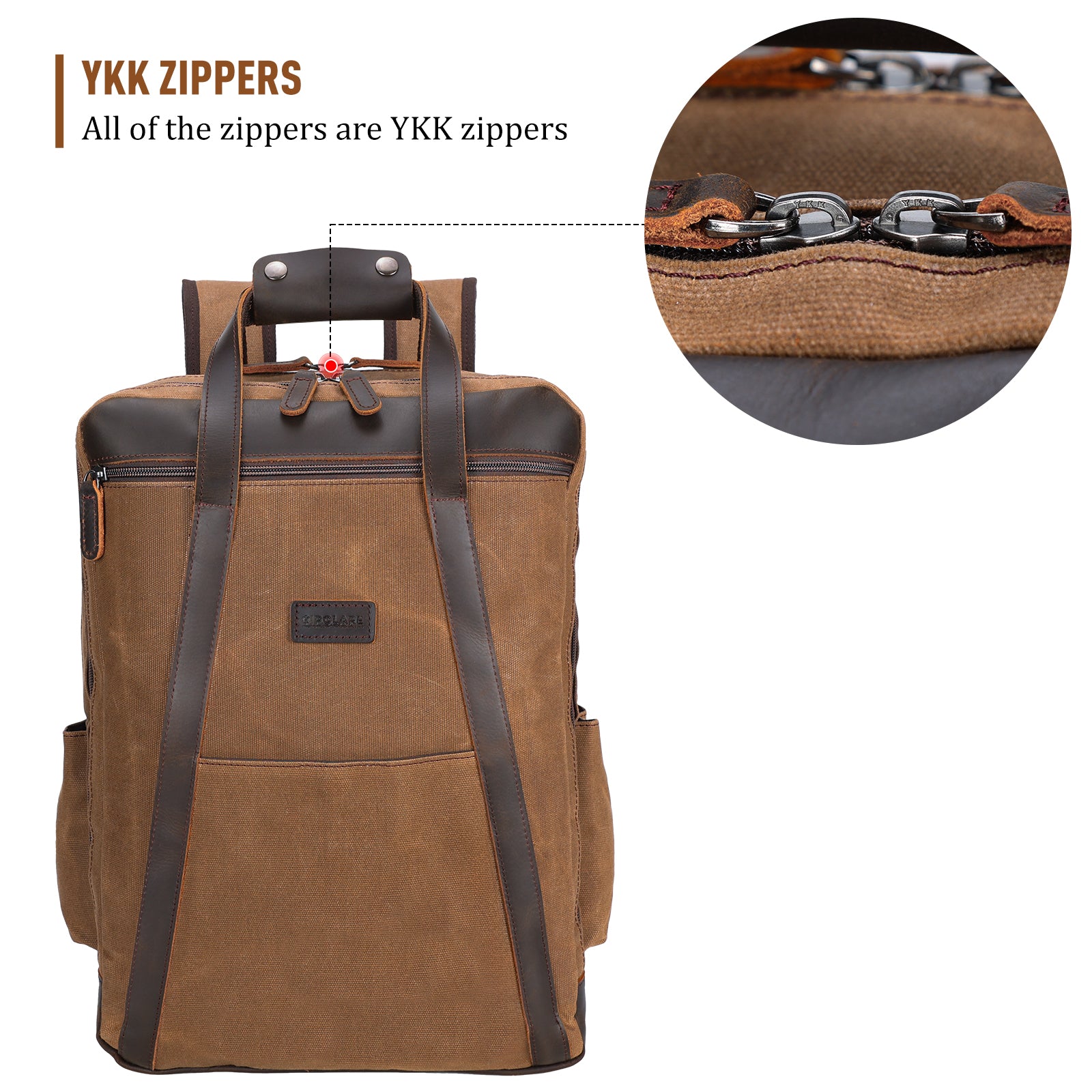 Full Grain Leather Trim Waxed Canvas Travel Backpack Waterproof Daypack (YKK Zippers)