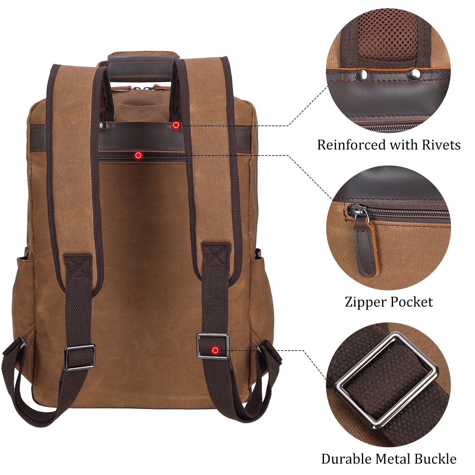Full Grain Leather Trim Waxed Canvas Travel Backpack Waterproof Daypack (Back)