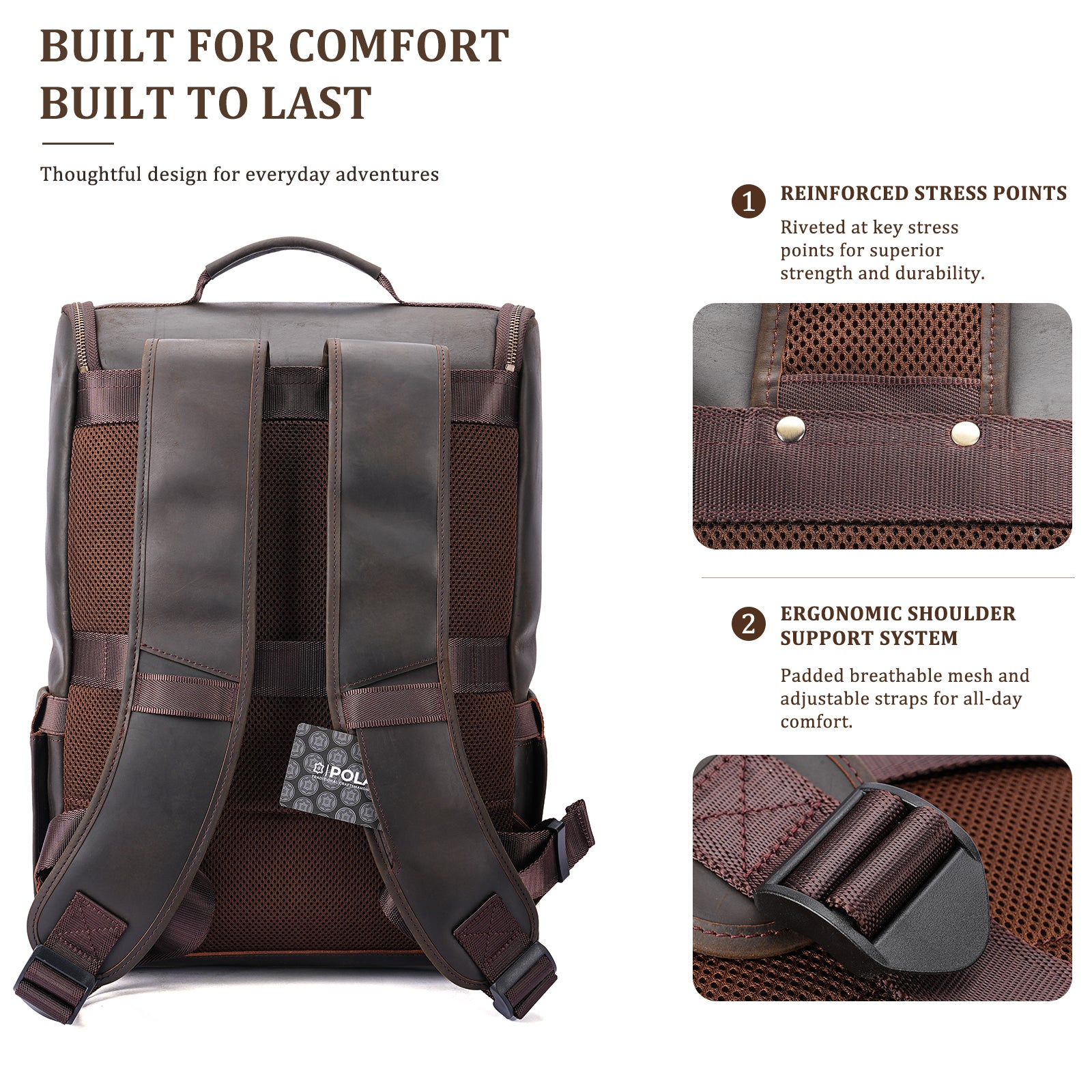 Polare Full Grain Leather Laptop Backpack Day Pack Business Overnight