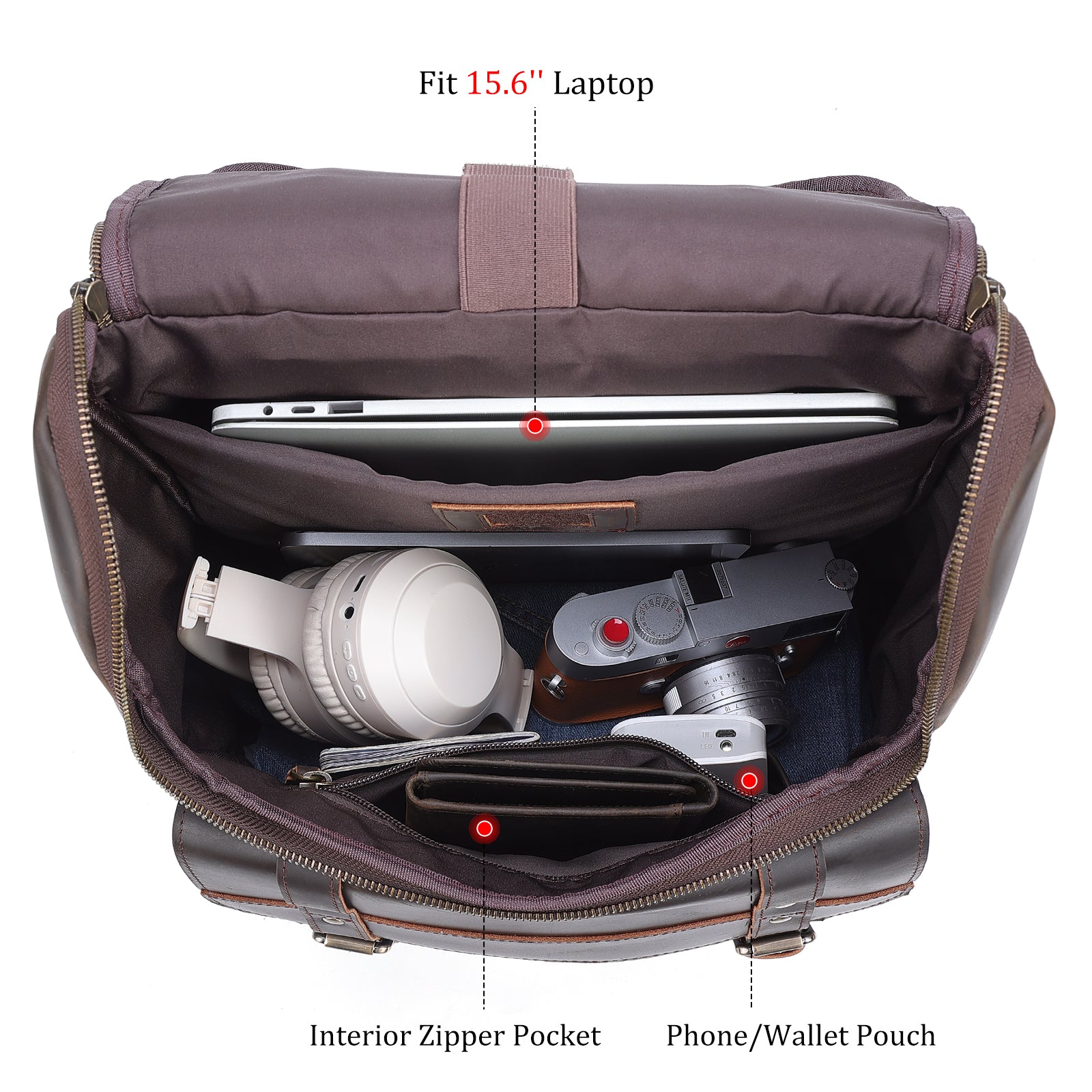 Polare Leather Business Overnight Travel Backpack (Inside)