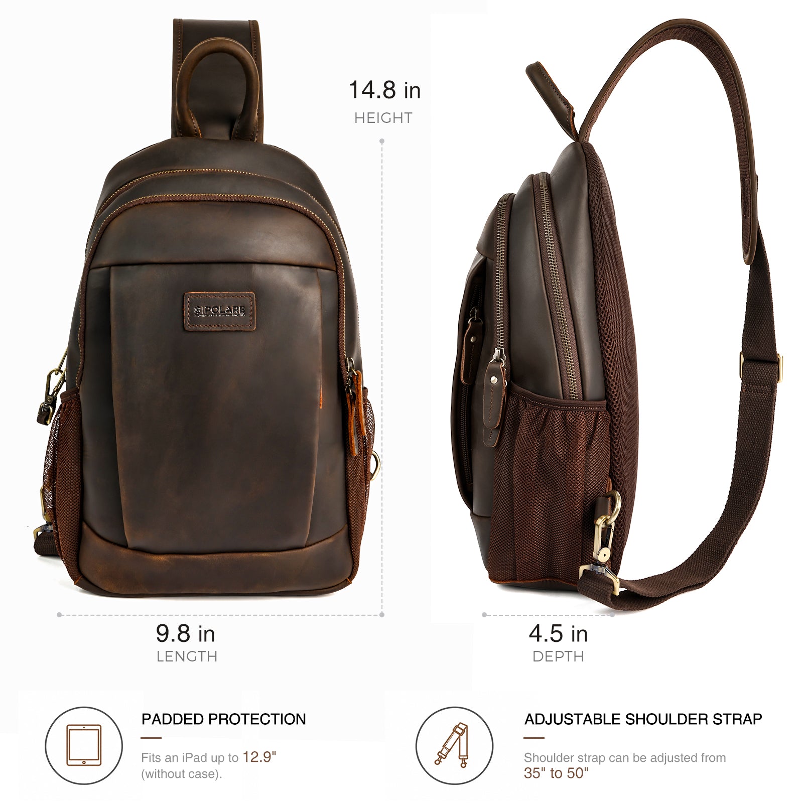 Full Grain Leather Sling Bag for Men dimensions and adjustable shoulder strap design