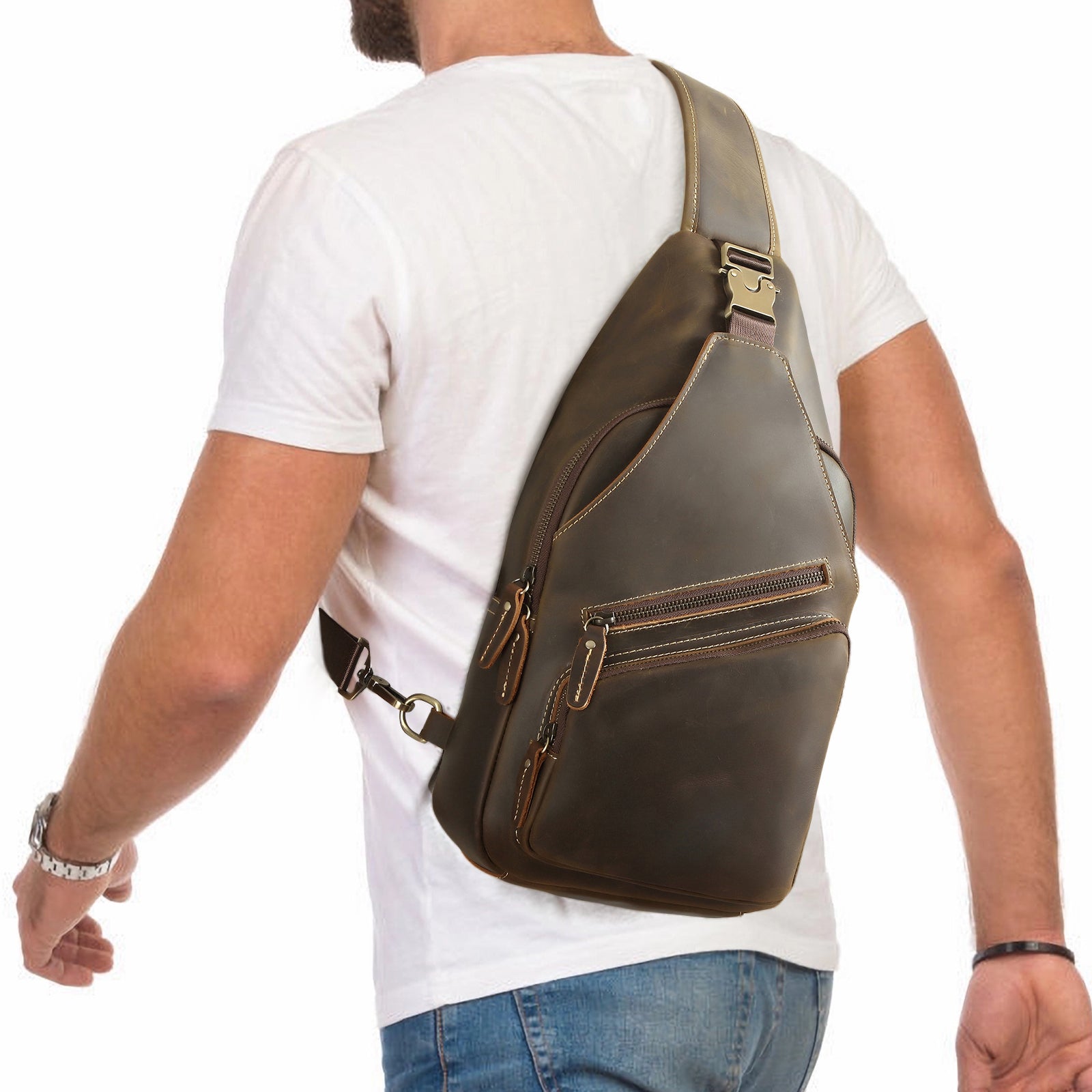 Full Grain Cowhide Leather Vintage Sling Chest Shoulder Bag (Model Display)