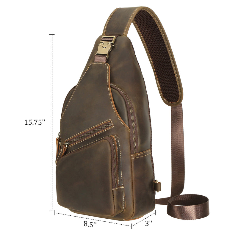 Full Grain Cowhide Leather Vintage Sling Chest Shoulder Bag (Dimension)