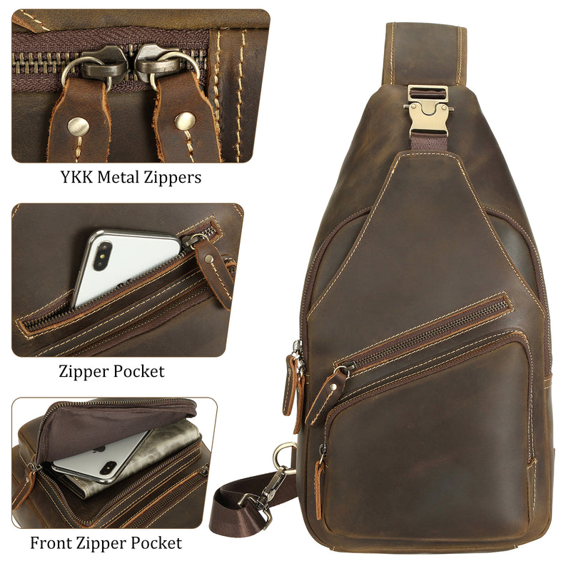 Full Grain Cowhide Leather Vintage Sling Chest Shoulder Bag (Front)