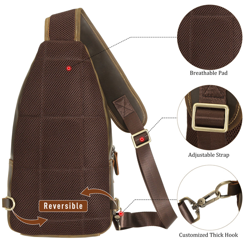 Full Grain Cowhide Leather Vintage Sling Chest Shoulder Bag (Back)