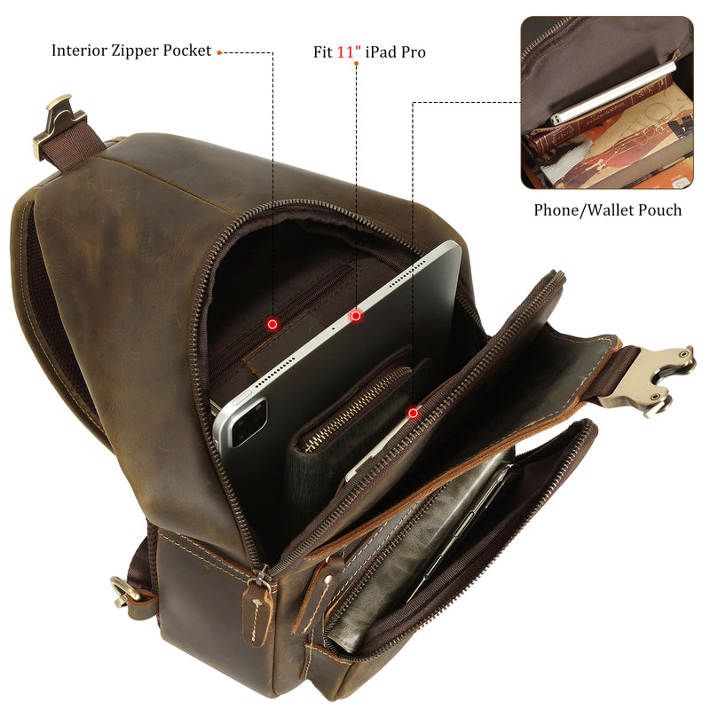 Full Grain Cowhide Leather Vintage Sling Chest Shoulder Bag (Inside)
