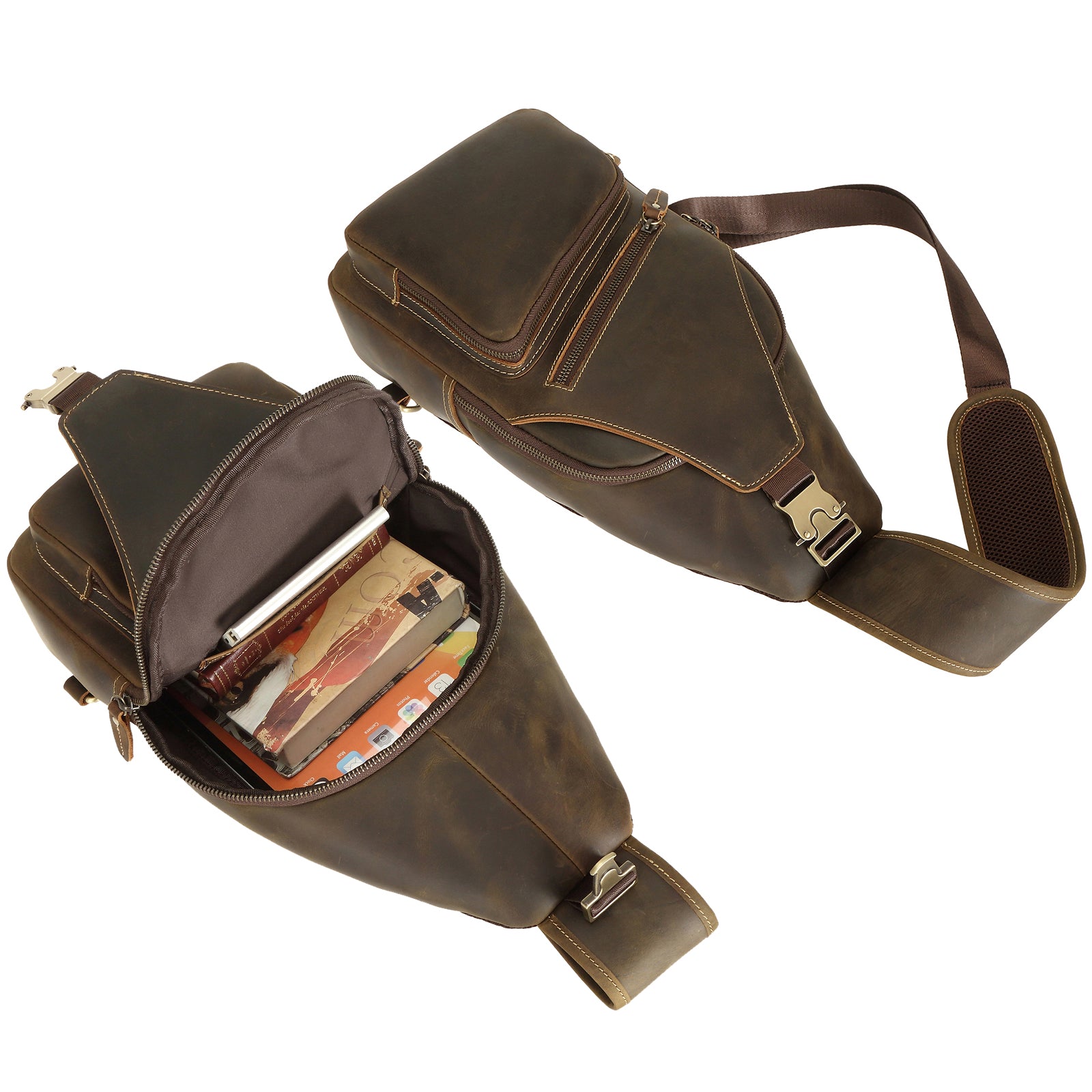 Full Grain Cowhide Leather Vintage Sling Chest Shoulder Bag (Top)