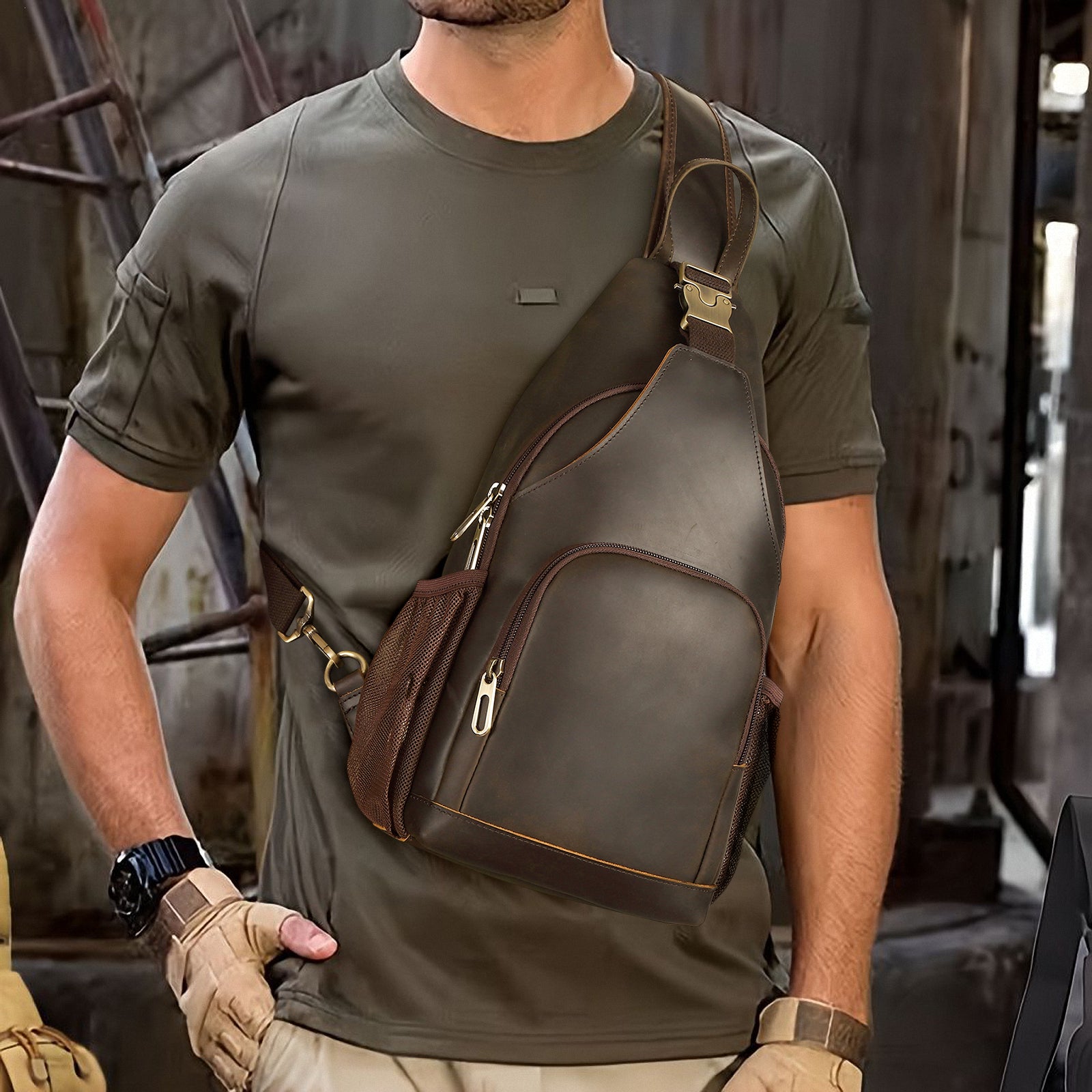 Full Grain Cowhide Anti Theft Chest Shoulder Bag (Model Display)