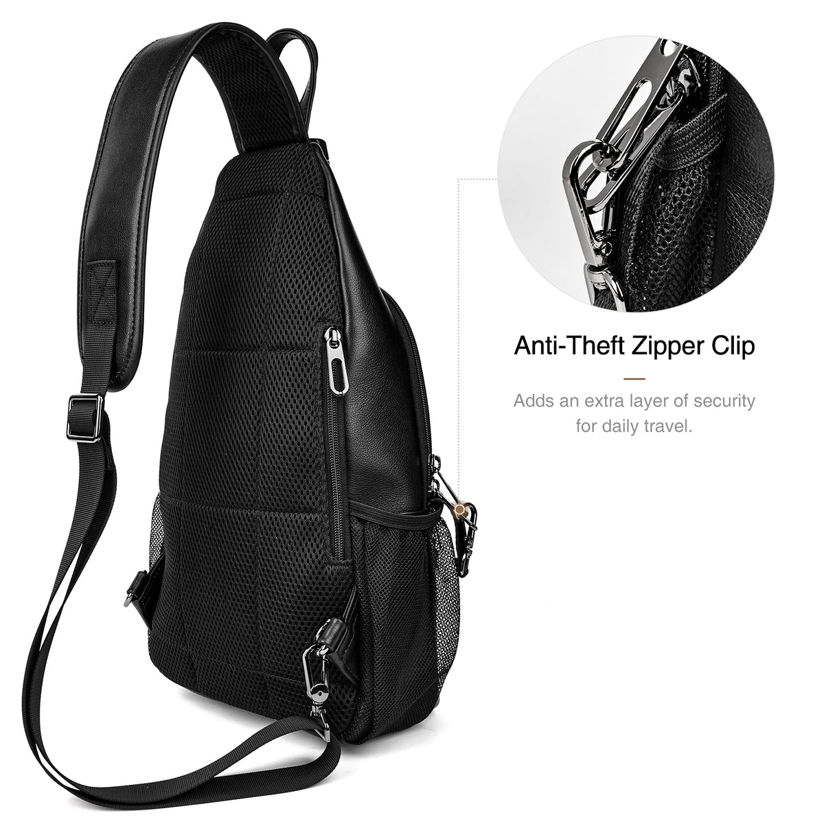 Napa Leather Sling Bag anti theft zipper clip security feature
