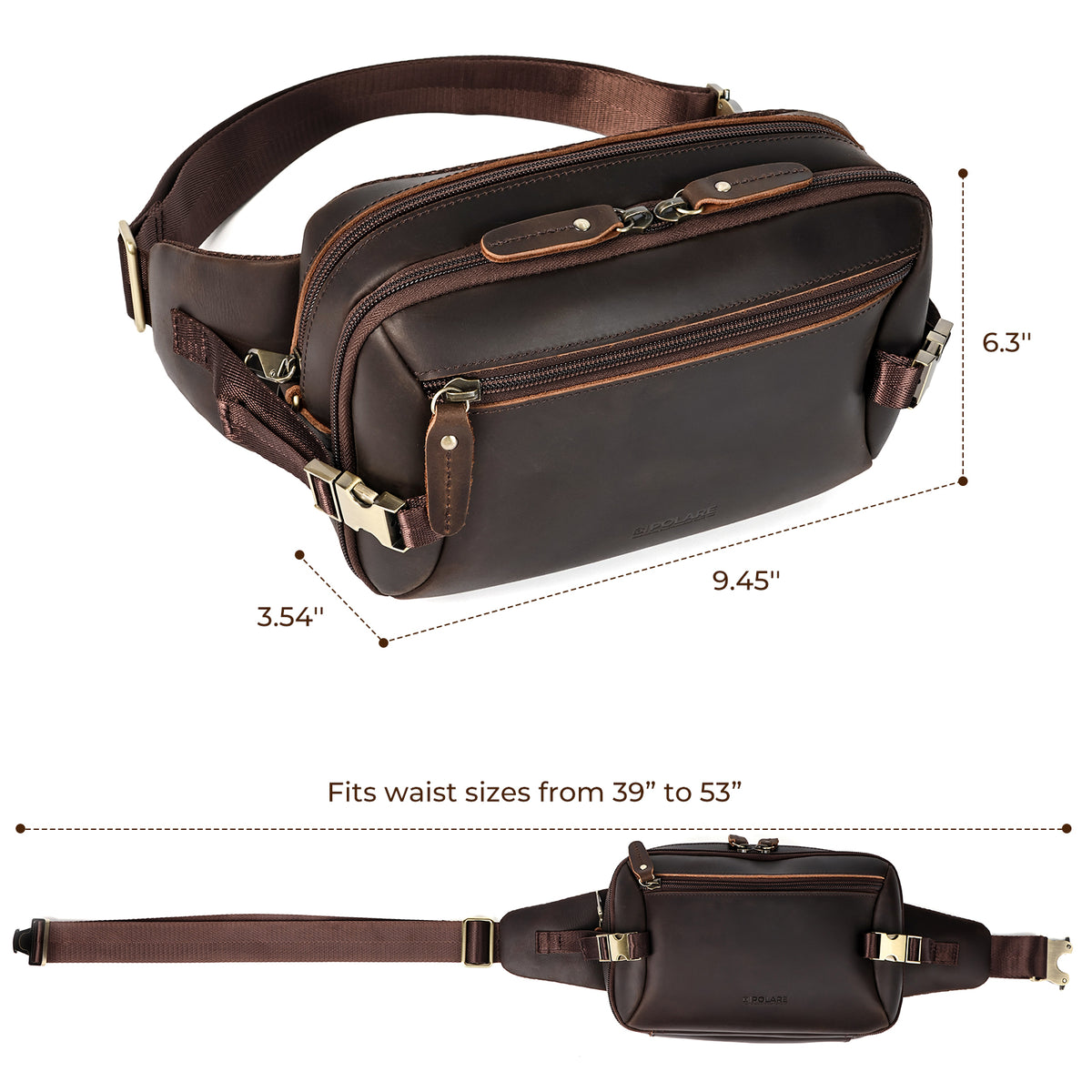 Polare Full Grain Leather RFID Anti-Theft Fanny Pack, Dimensions and Adjustable Waist Fit