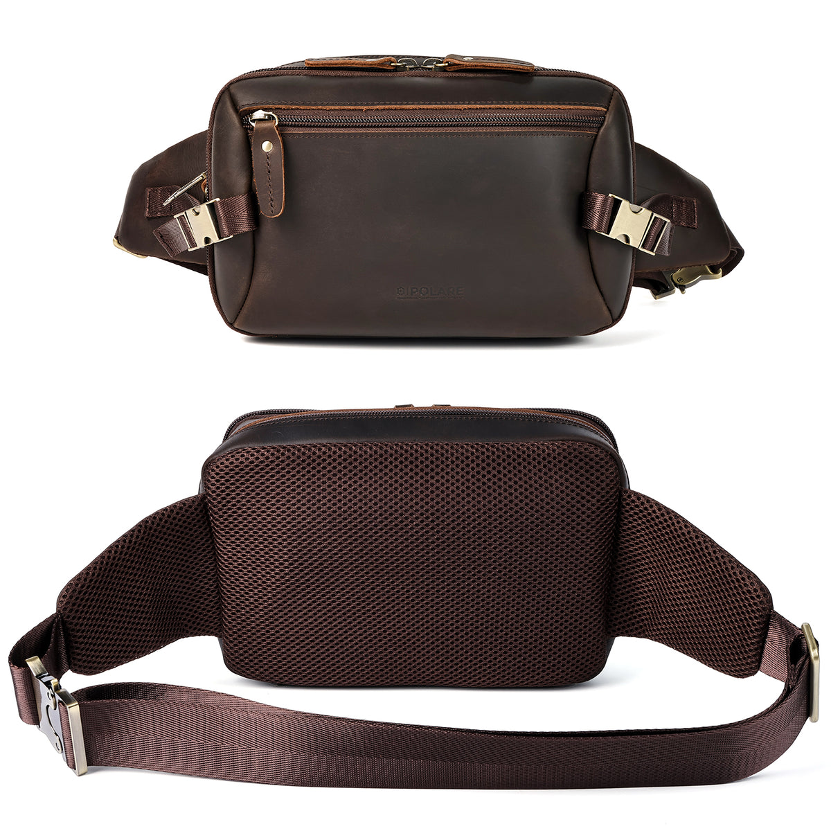 Polare Full Grain Leather RFID Anti-Theft Fanny Pack, Breathable Mesh Back and Adjustable Strap