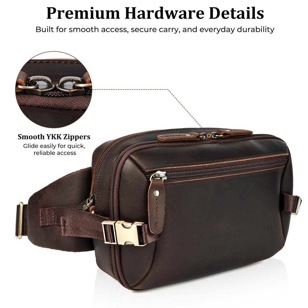 Polare Full Grain Leather RFID Anti-Theft Fanny Pack, Premium YKK Zippers and Metal Hardware