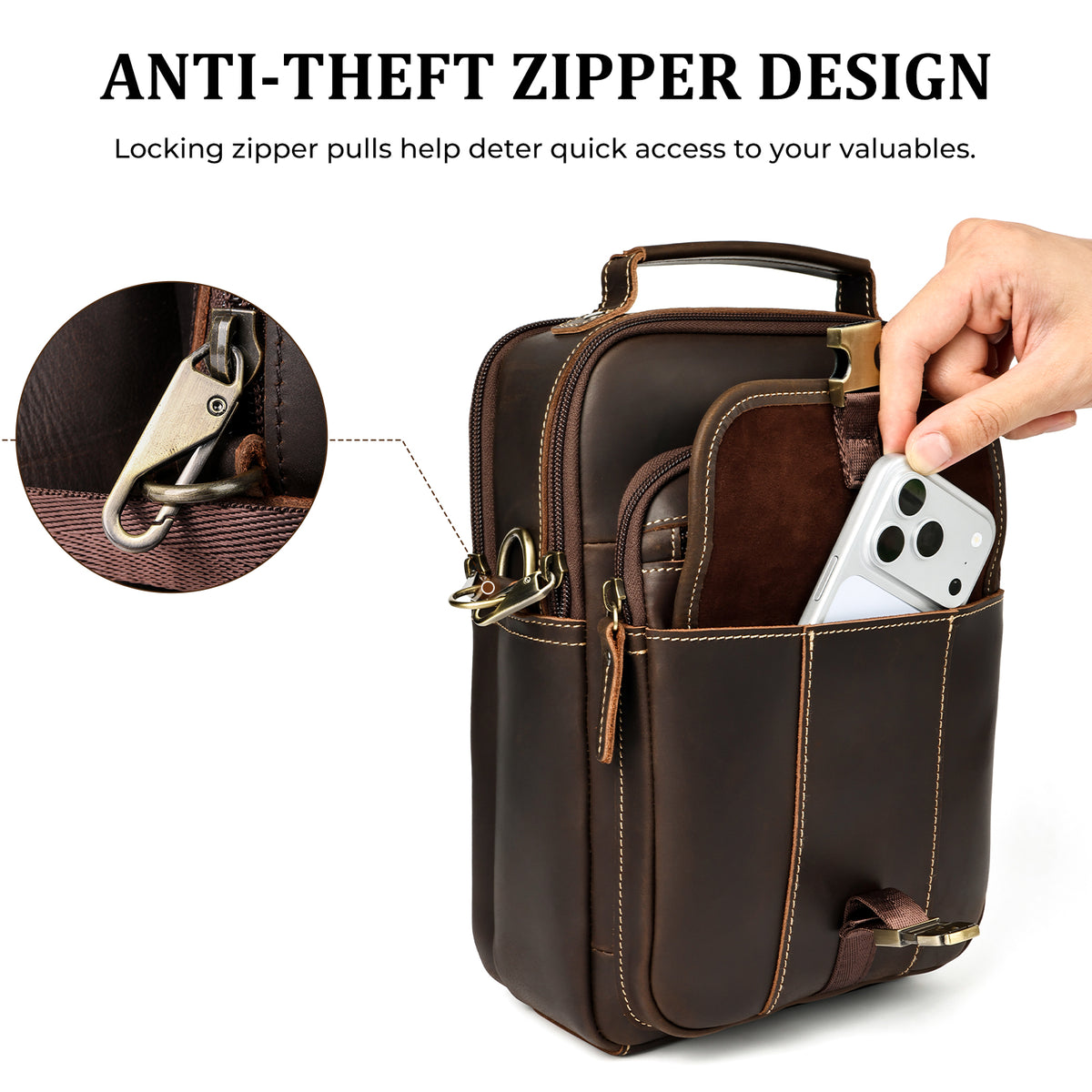 Full Grain Leather Anti-Theft Shoulder Bag for Men, lockable zipper security feature