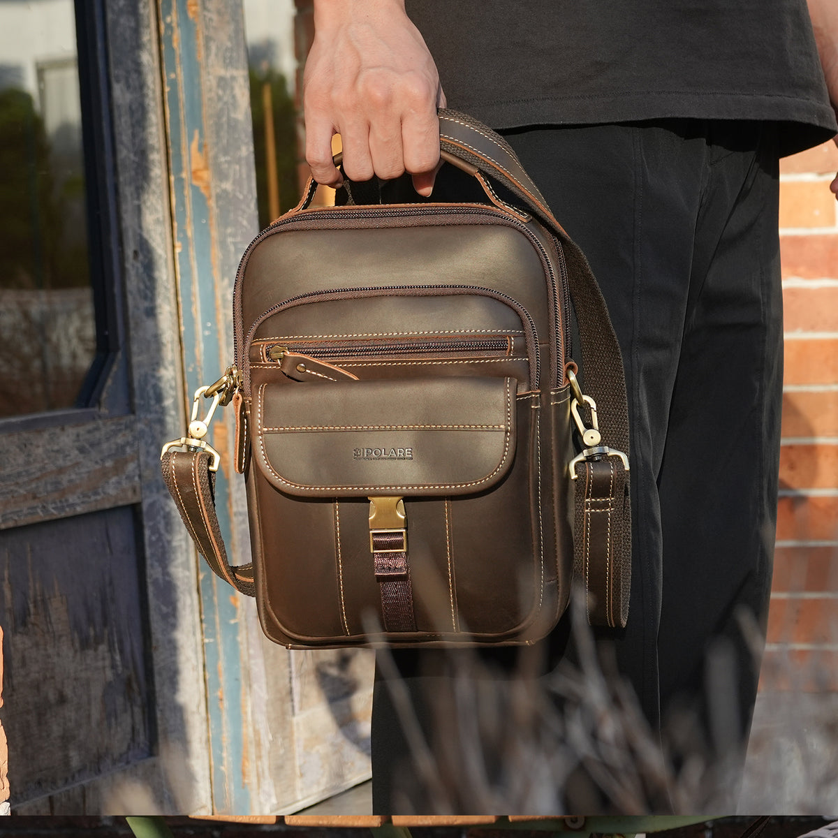 Full Grain Leather Anti-Theft Shoulder Bag for Men, top handle carry style