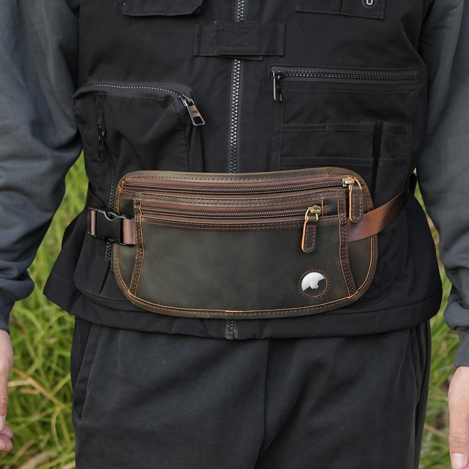 Polare Leather Money Belt Passport Holder Waist Bag (Model Display)